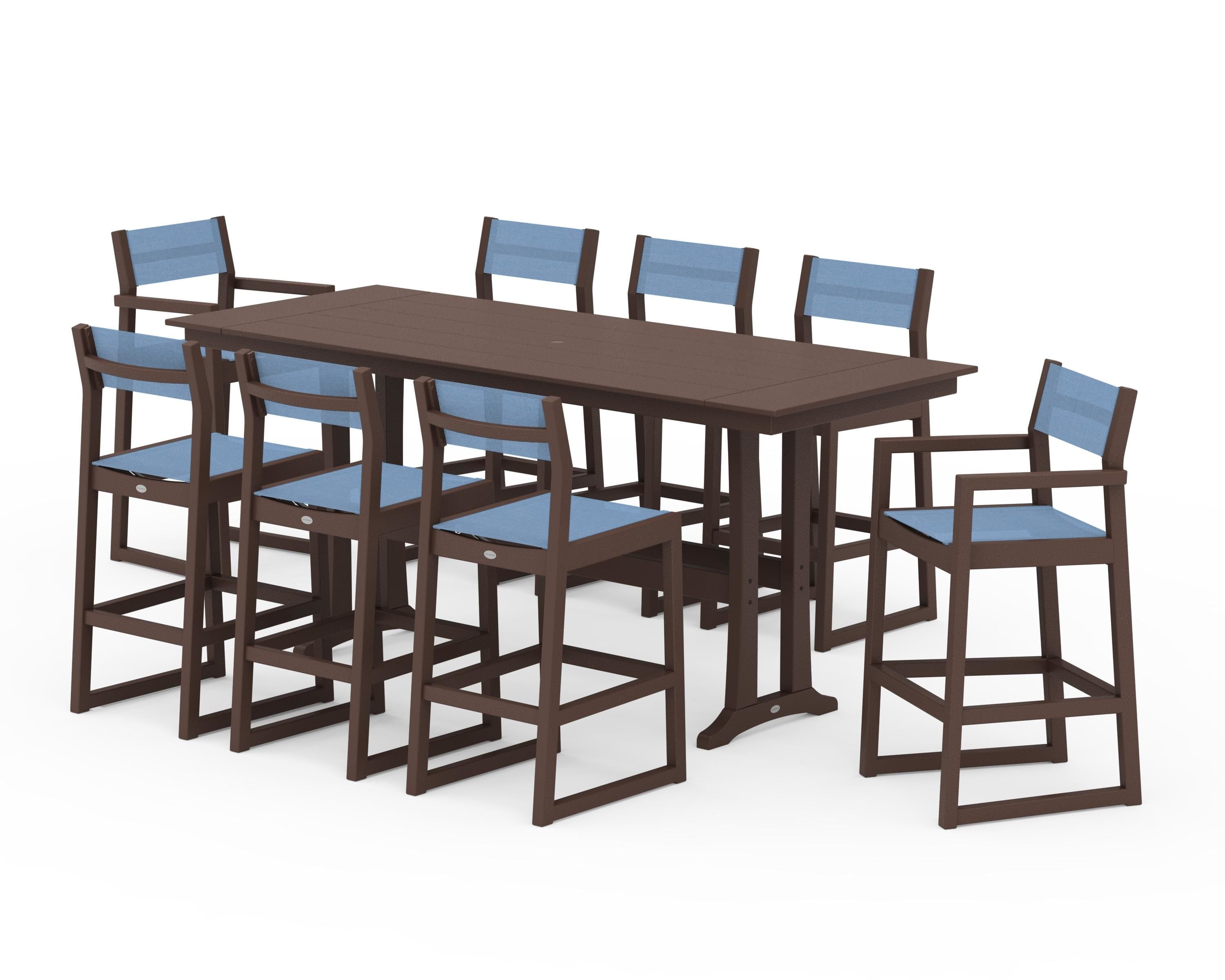 POLYWOOD EDGE Sling 9-Piece Farmhouse Bar Set with Trestle Legs in Mahogany / Poolside Sling