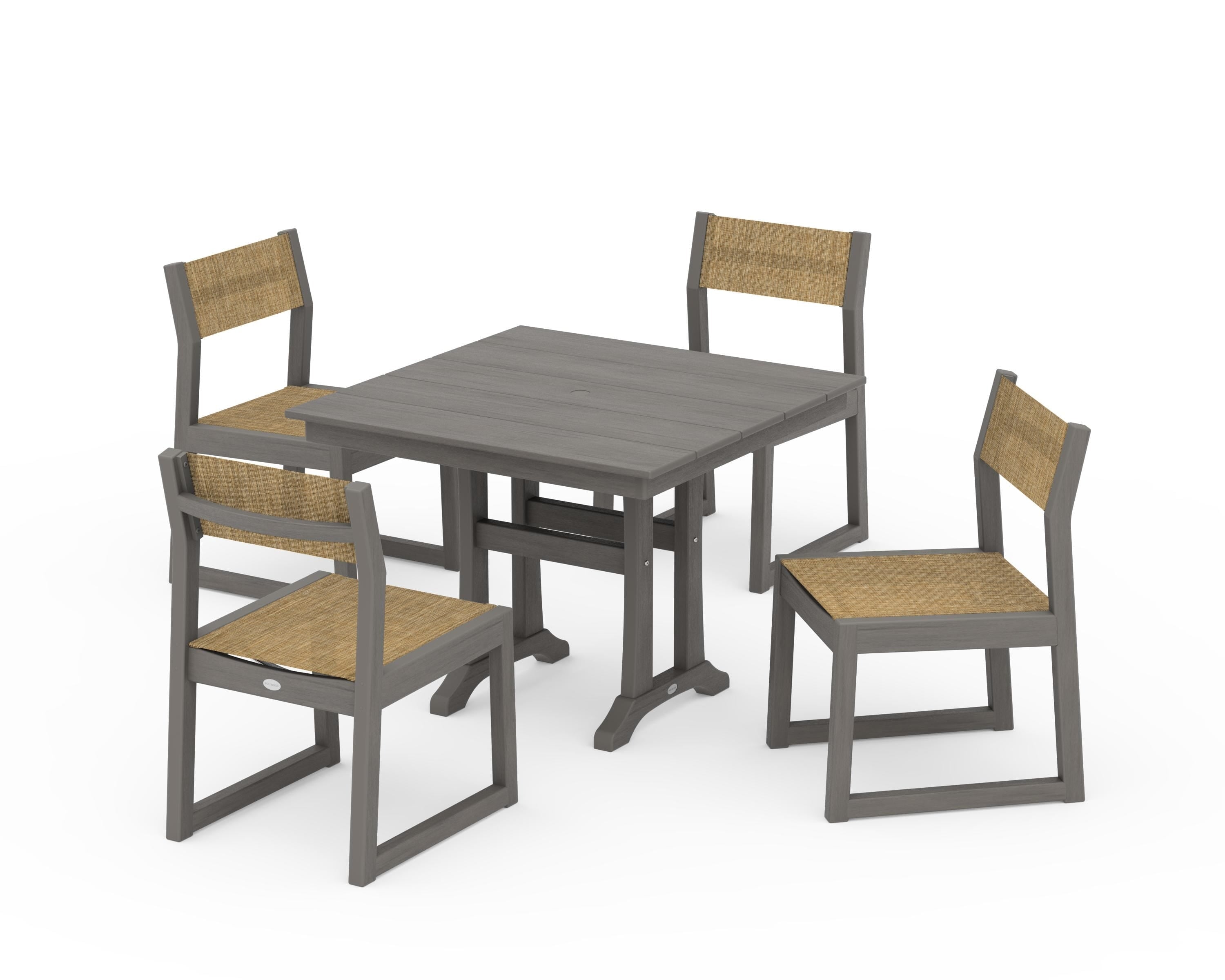 POLYWOOD EDGE Sling 5-Piece Farmhouse Trestle Side Chair Dining Set in Driftwood / Burlap Sling