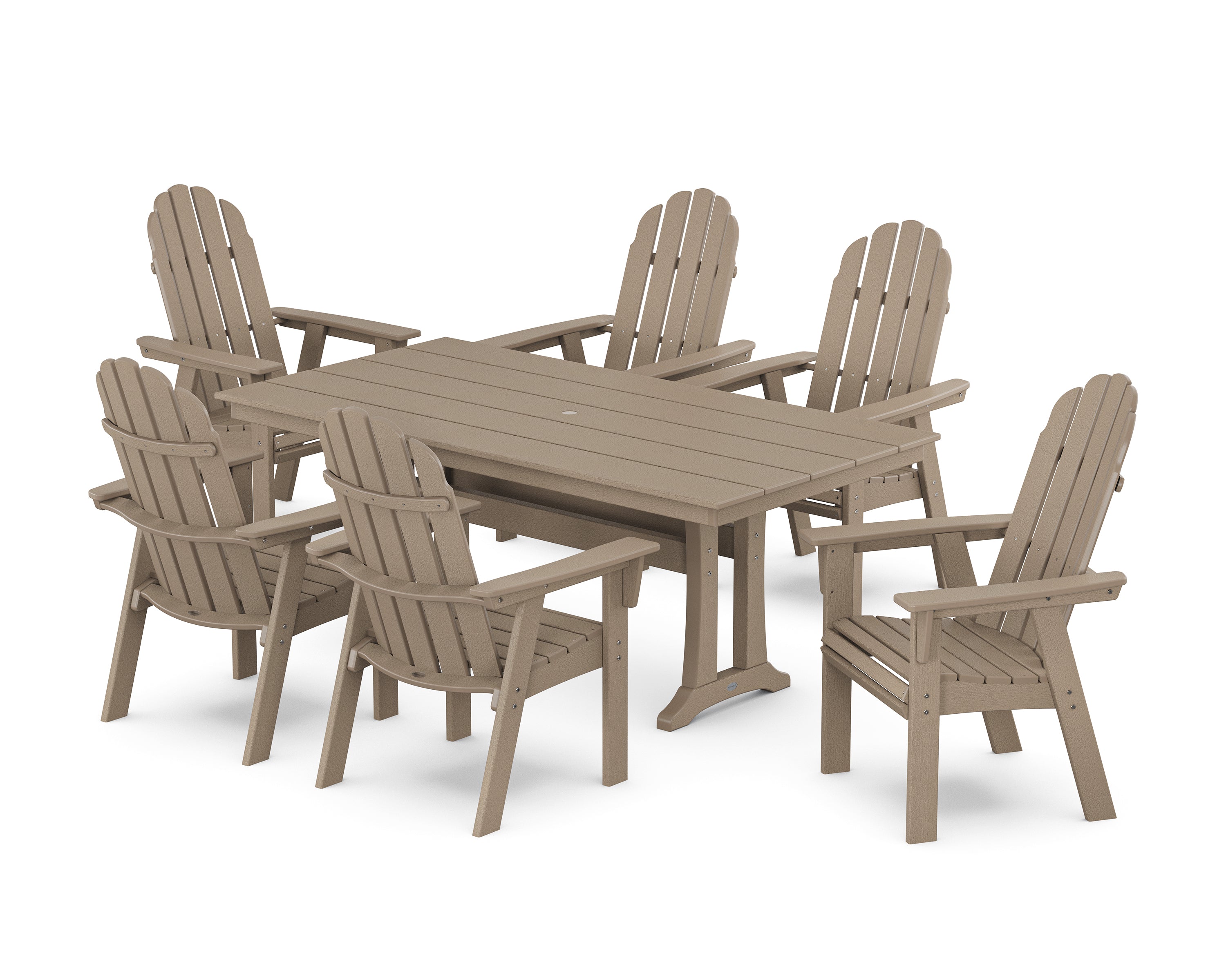 POLYWOOD Vineyard Curveback Adirondack Chair 7-Piece Farmhouse Dining Set with Trestle Legs in Vintage Sahara