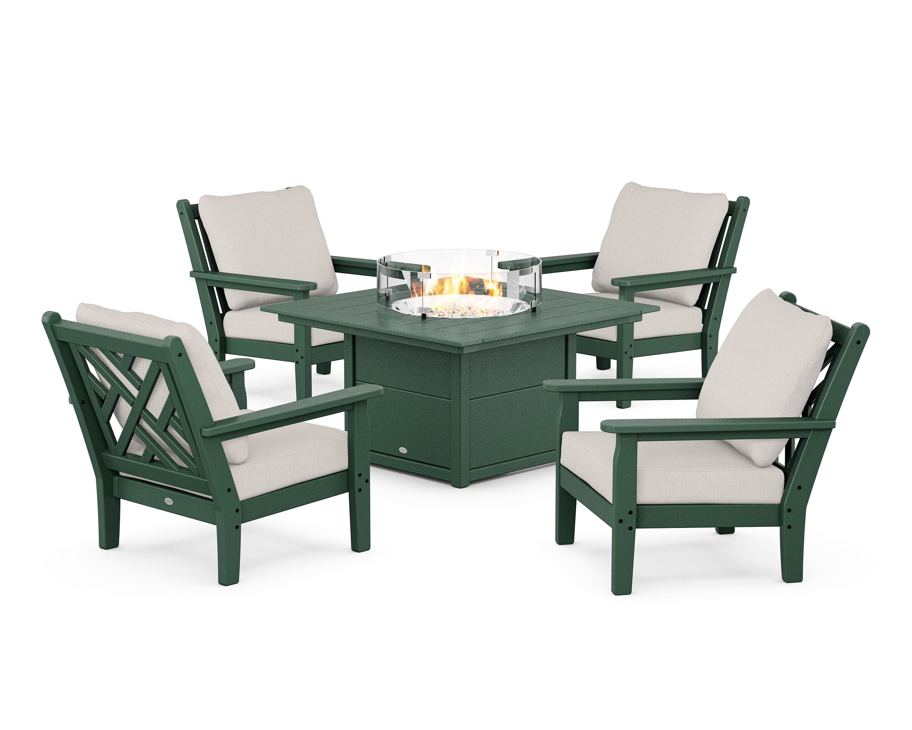 POLYWOOD Chippendale 5-Piece Deep Seating Set with Fire Pit Table in Green / Cast Ash