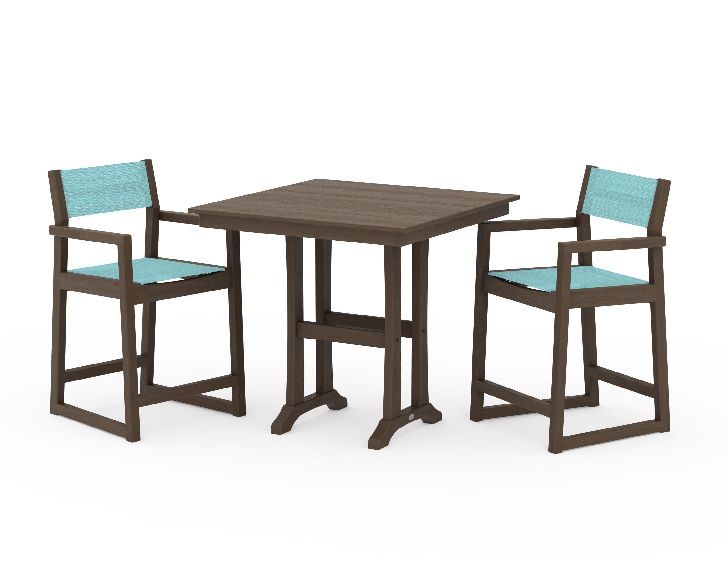 POLYWOOD EDGE Sling Arm Chair 3-Piece Farmhouse Counter Set with Trestle Legs in Kona / Dupioni Aquamarine Sling