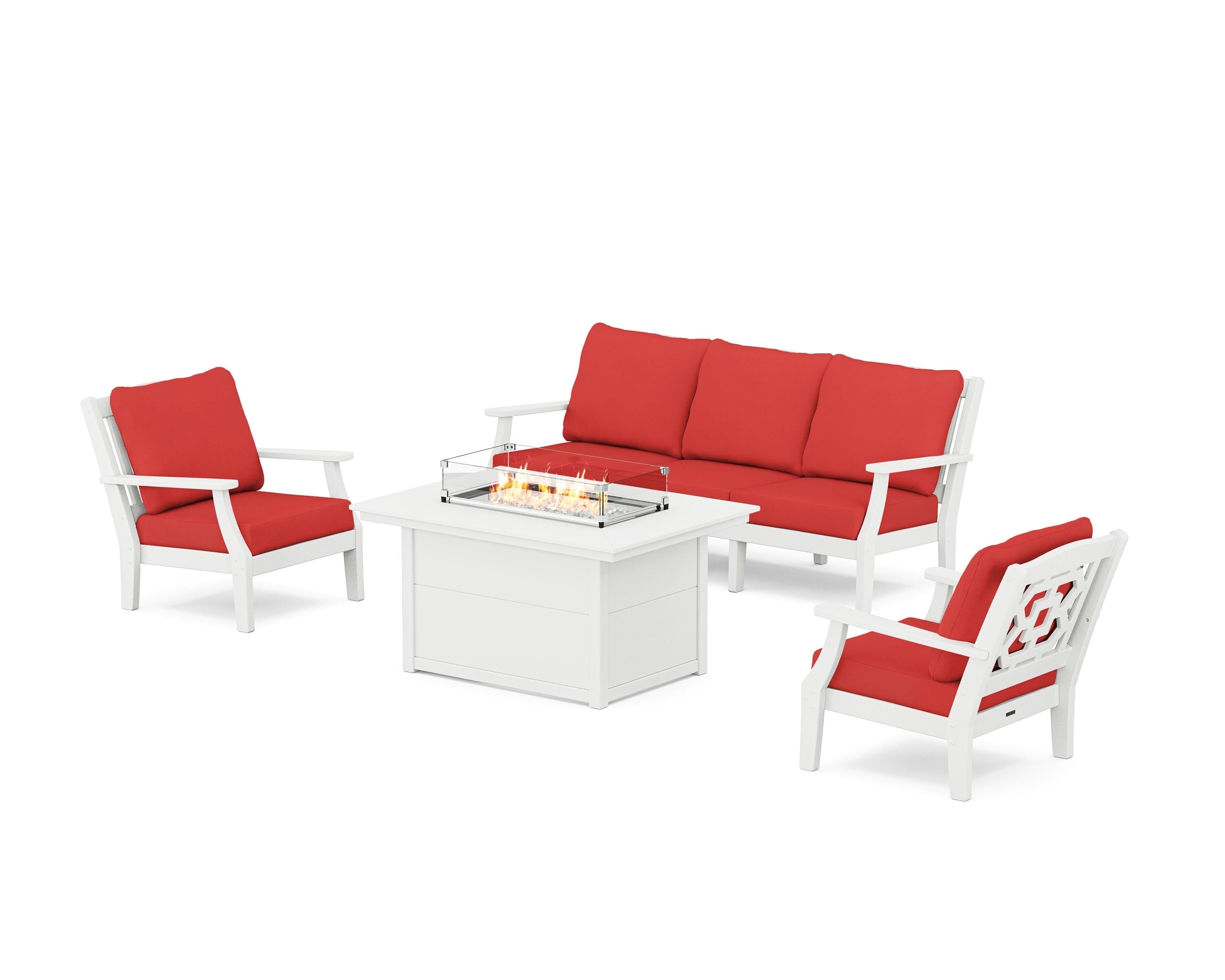 Martha Stewart by POLYWOOD Chinoiserie Deep Seating Fire Pit Table Set in White / Crimson Linen