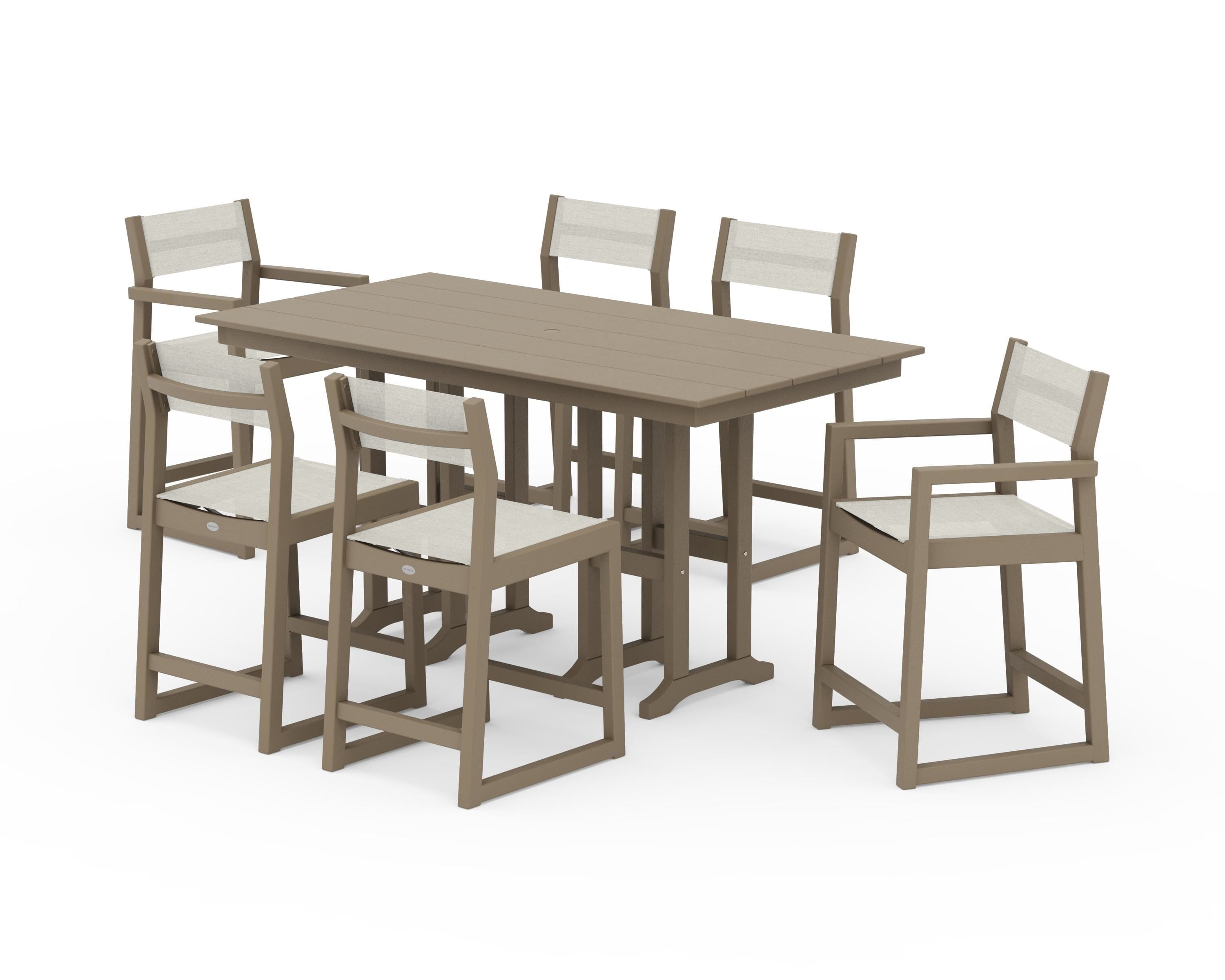 POLYWOOD EDGE Sling 7-Piece Farmhouse Counter Set with Trestle Legs in Vintage Sahara / Parchment Sling
