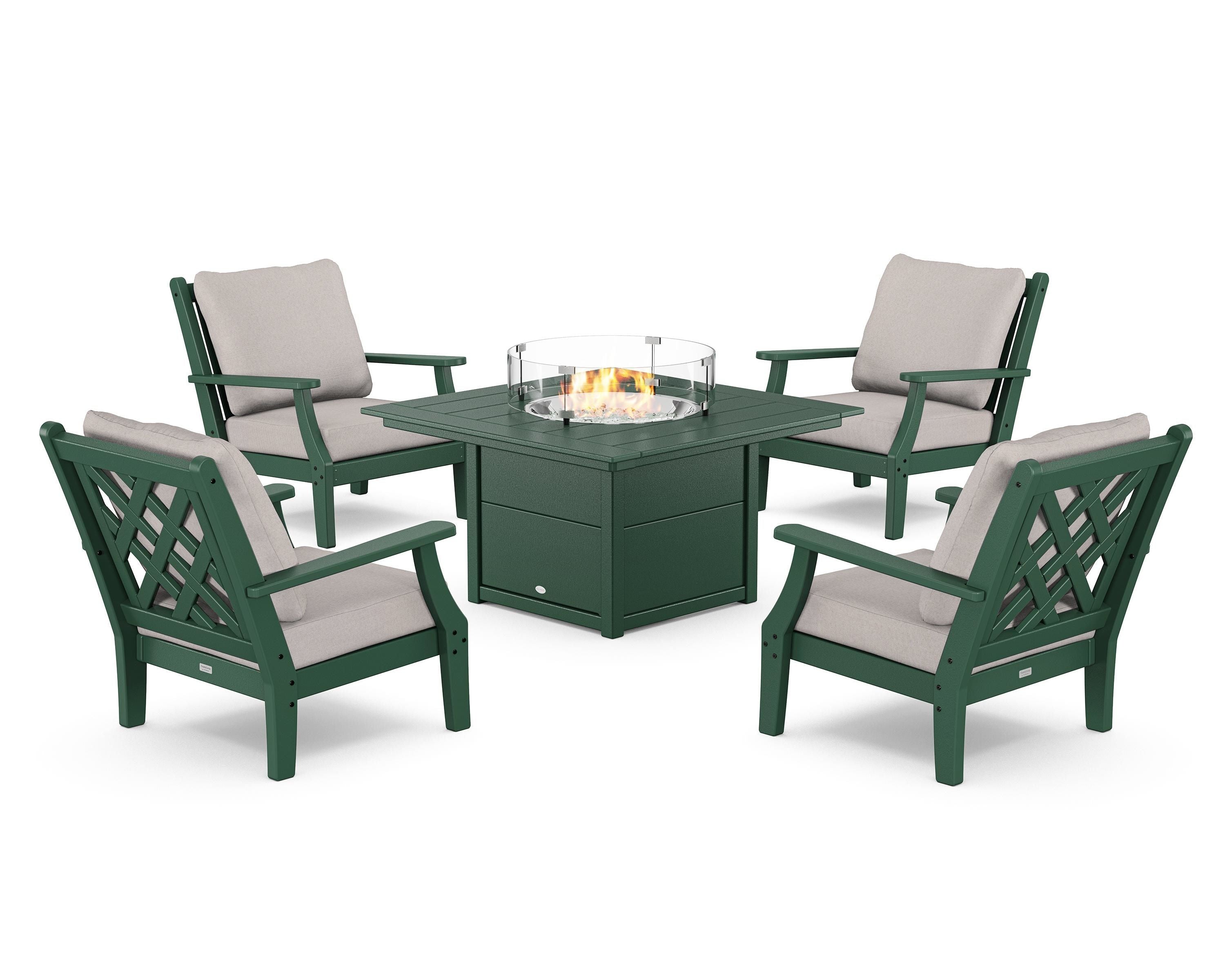 Country Living Wovendale 5-Piece Deep Seating Set with Fire Pit Table in Green / Dune Burlap