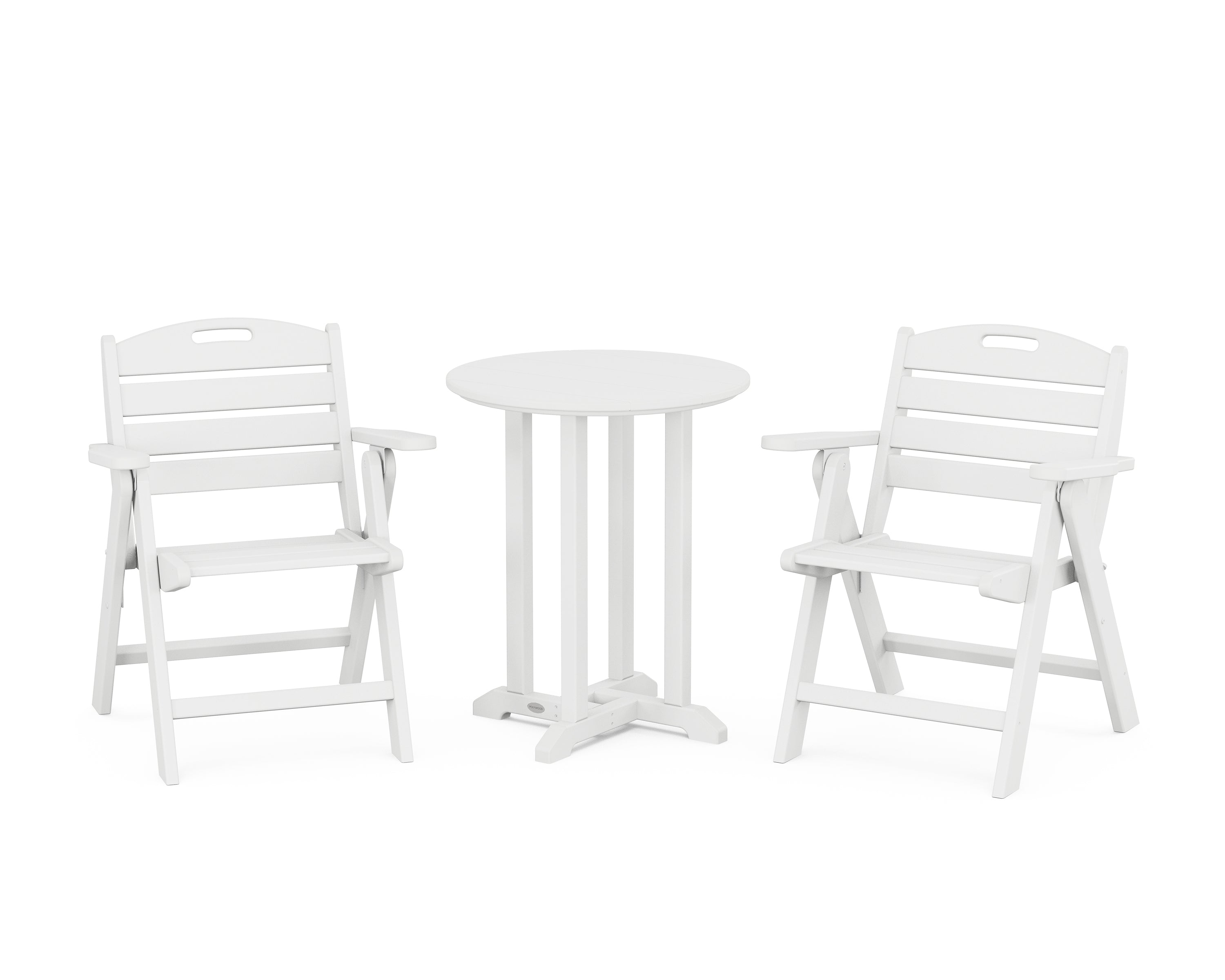 POLYWOOD Nautical Folding Lowback Chair 3-Piece Round Bistro Dining Set in White