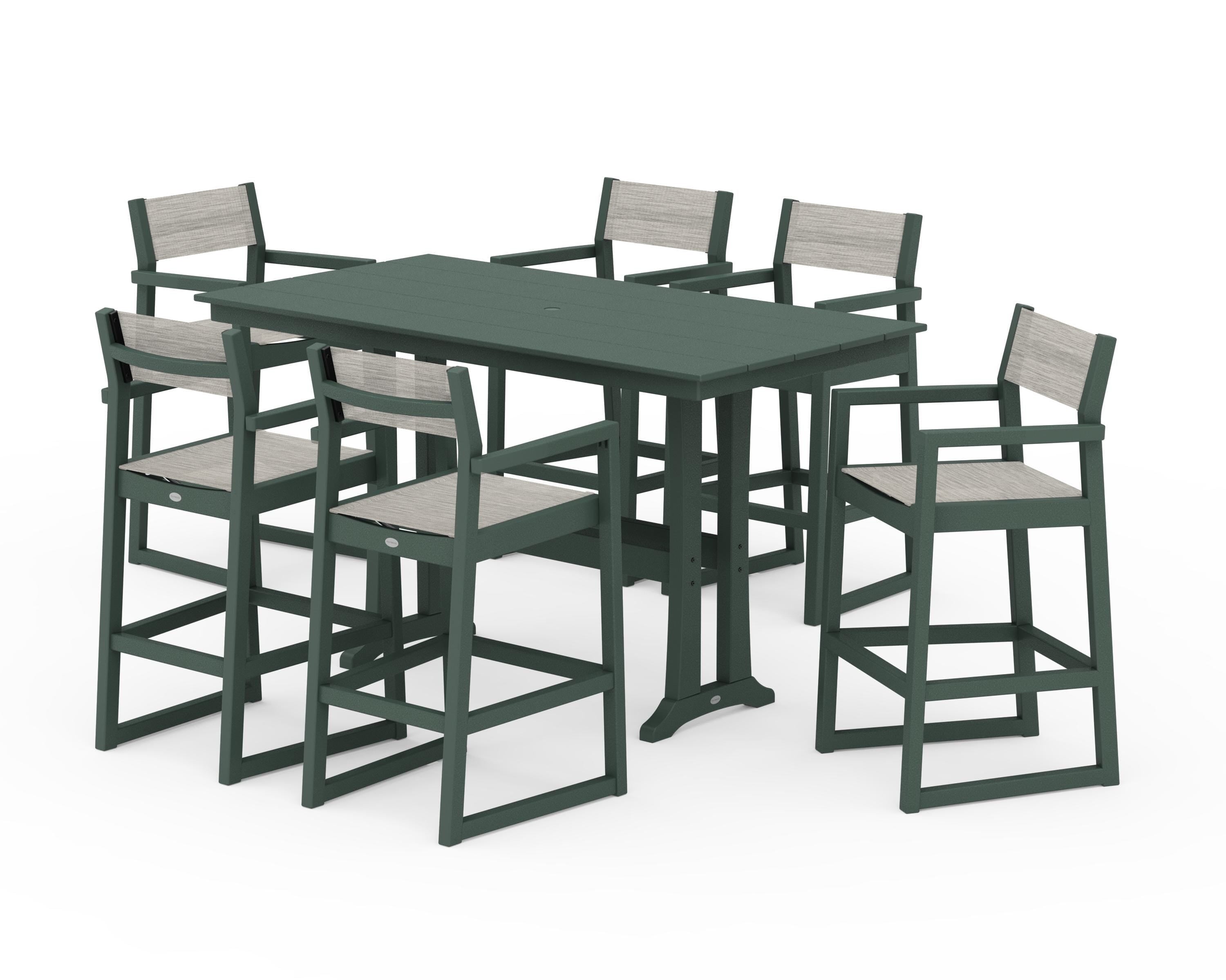 POLYWOOD EDGE Sling Arm Chair 7-Piece Farmhouse Bar Set with Trestle Legs in Green / Birch Sling