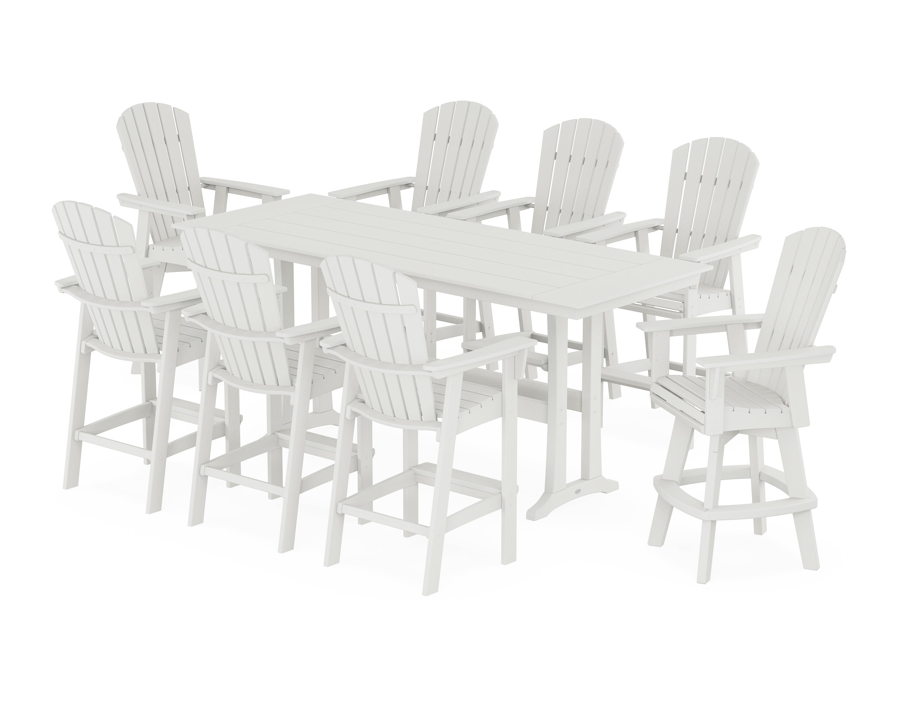 POLYWOOD® Nautical Curveback Adirondack Swivel 9-Piece Farmhouse Swivel Bar Set with Trestle Legs in Vintage White