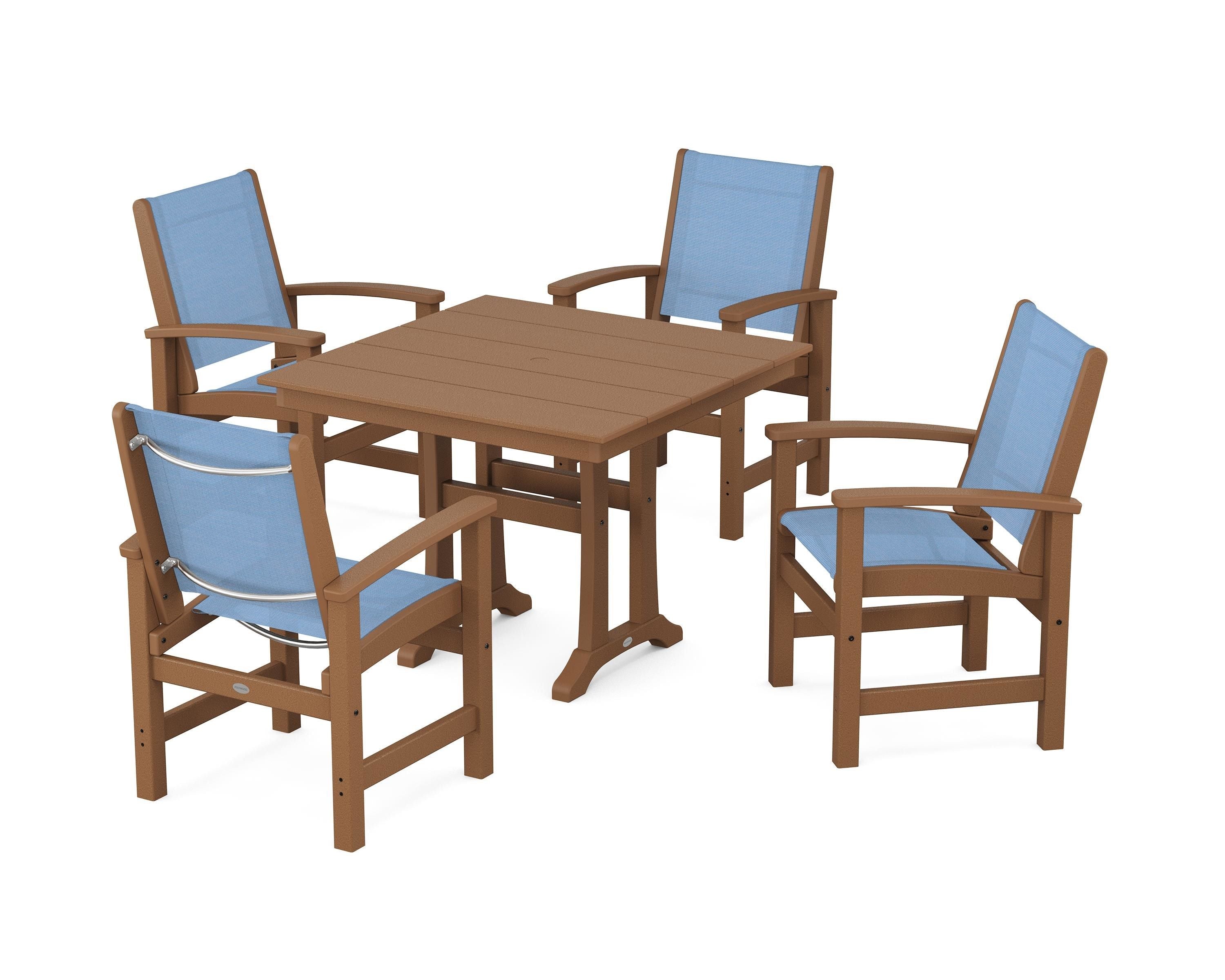 POLYWOOD Coastal 5-Piece Farmhouse Dining Set With Trestle Legs in Teak / Poolside Sling