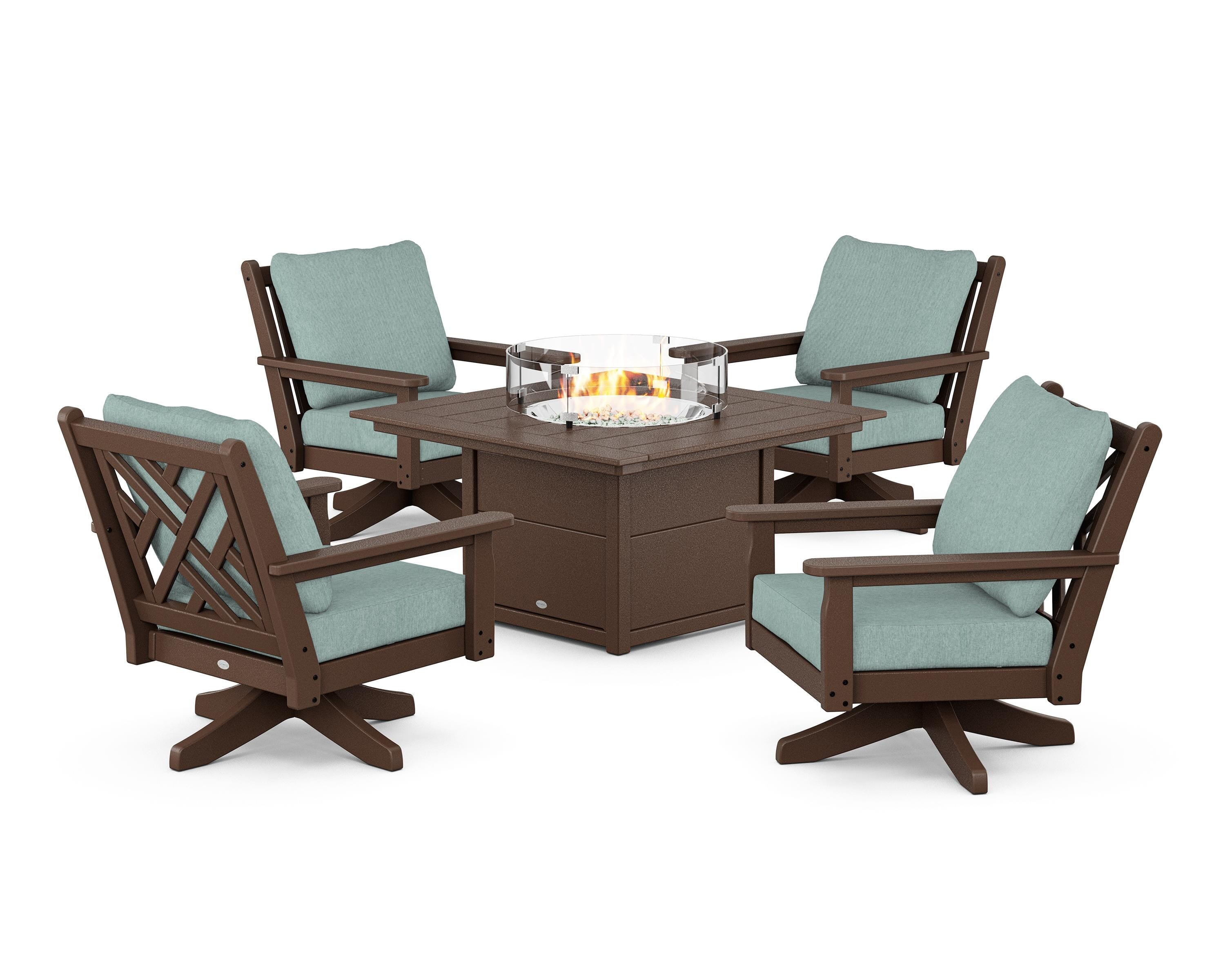 POLYWOOD Chippendale 5-Piece Deep Seating Swivel Conversation Set with Fire Pit Table in Mahogany / Glacier Spa