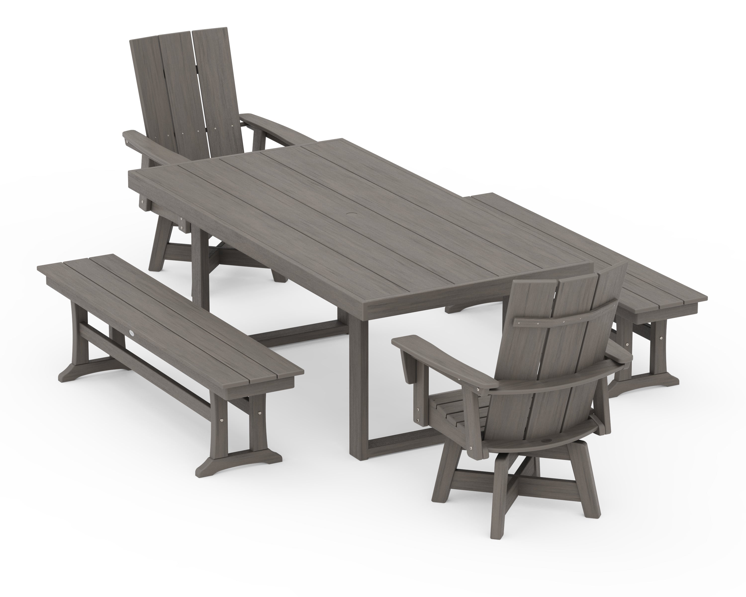 POLYWOOD Modern Adirondack Swivel Chair 5-Piece Dining Set with Benches in Driftwood