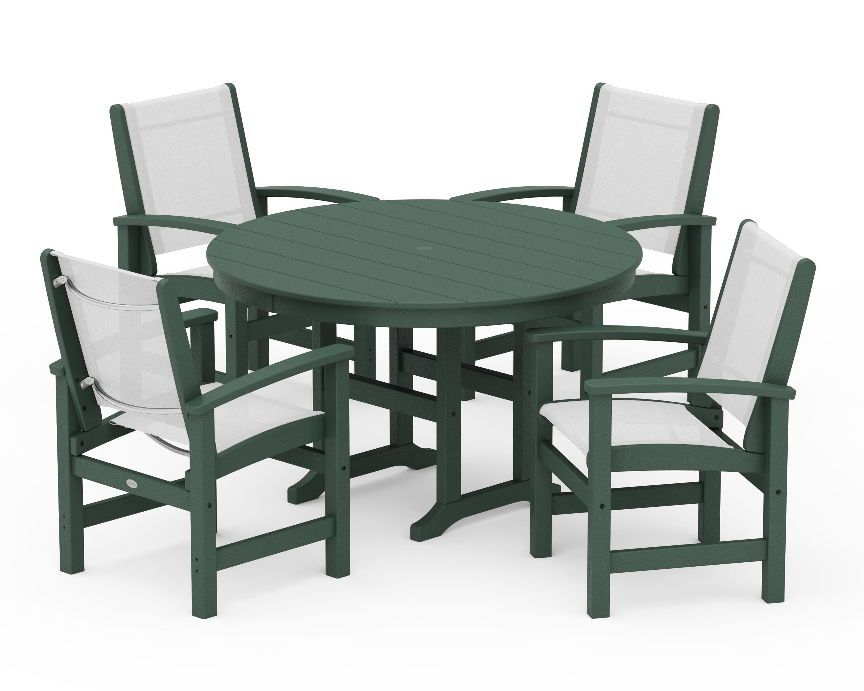 POLYWOOD Coastal 5-Piece Round Farmhouse Dining Set in Green / White Sling