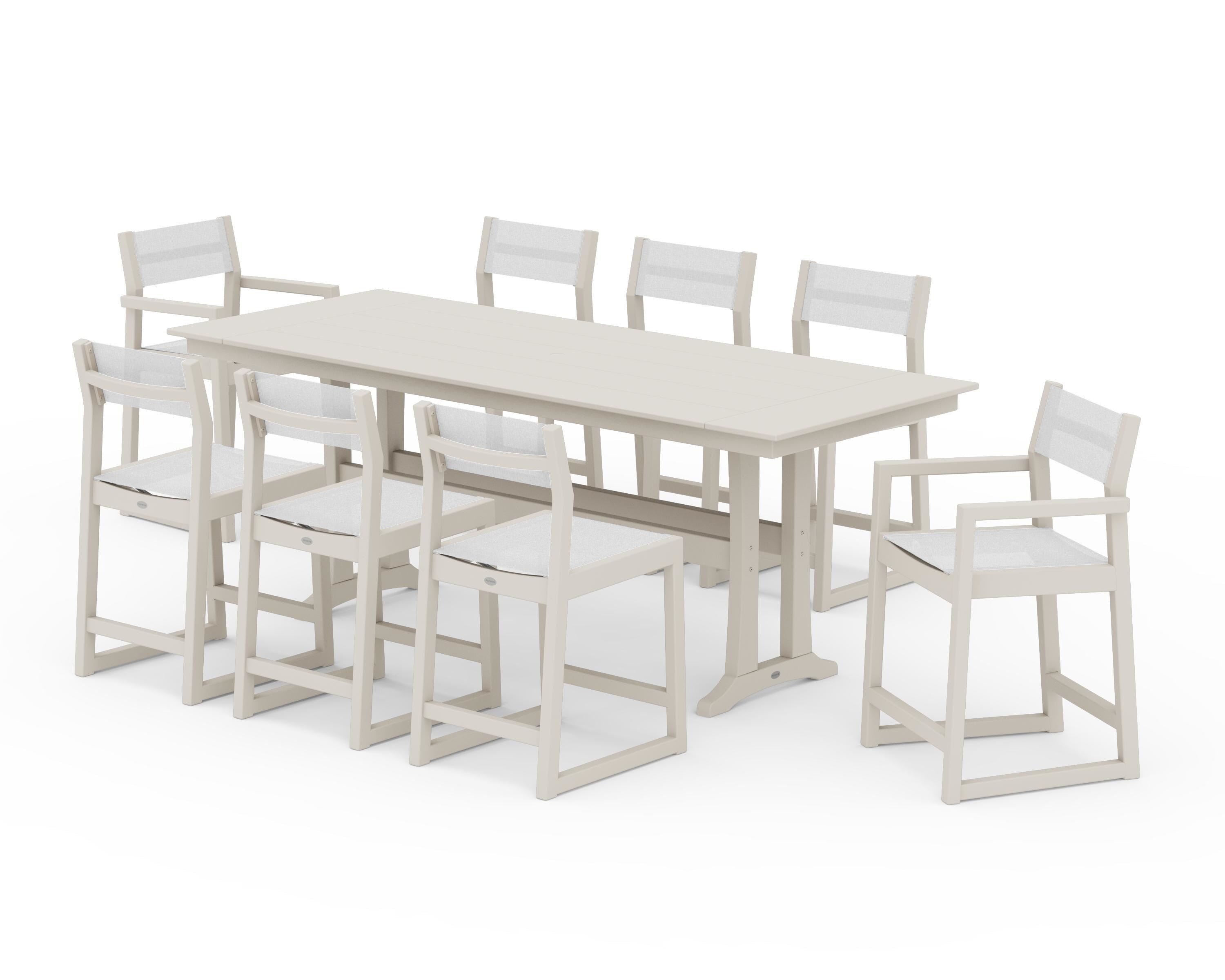 POLYWOOD EDGE Sling 9-Piece Farmhouse Counter Set with Trestle Legs in Sand / White Sling