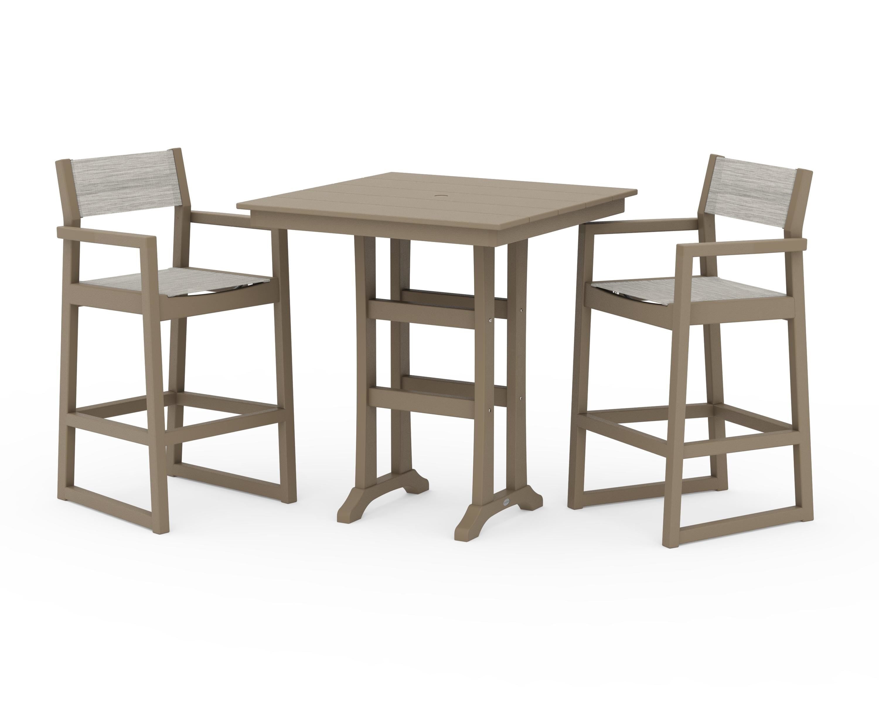 POLYWOOD EDGE Sling Arm Chair 3-Piece Farmhouse Bar Set with Trestle Legs in Vintage Sahara / Birch Sling