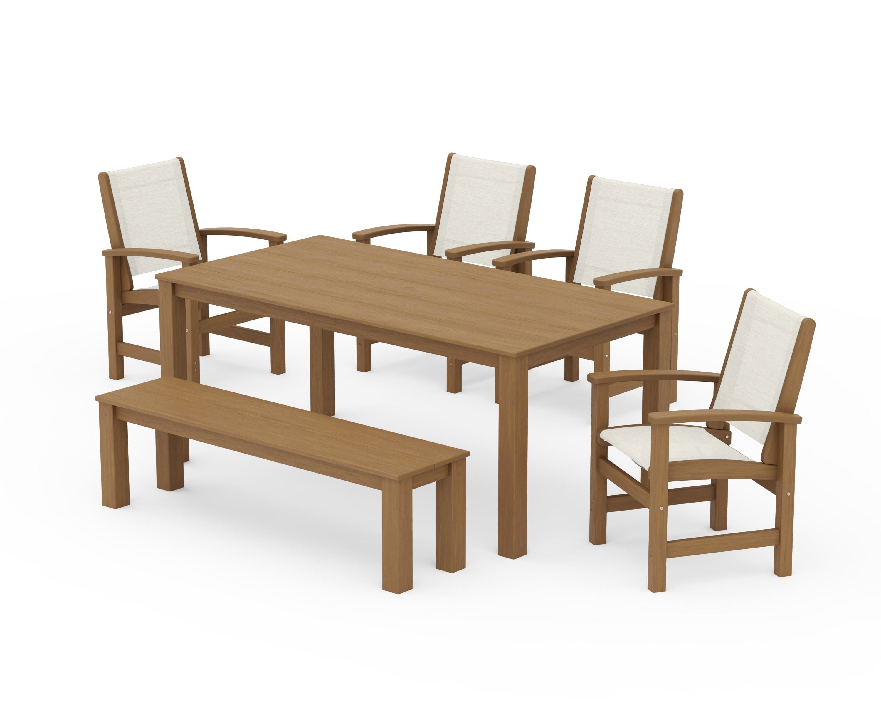 POLYWOOD Coastal 6-Piece Parsons Dining Set with Bench in Natural / Parchment Sling