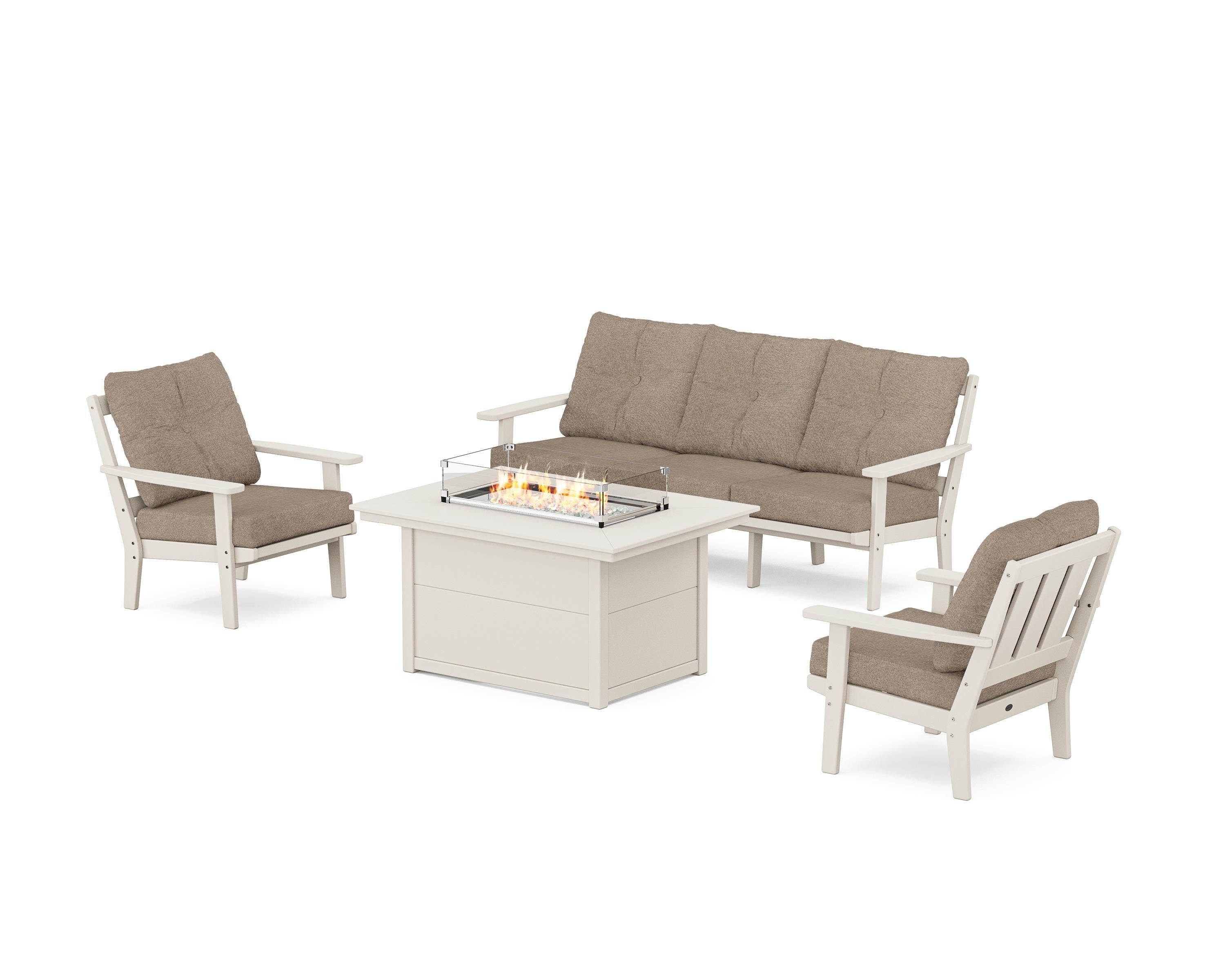 POLYWOOD Oxford Deep Seating Fire Pit Table Set in Sand / Spiced Burlap