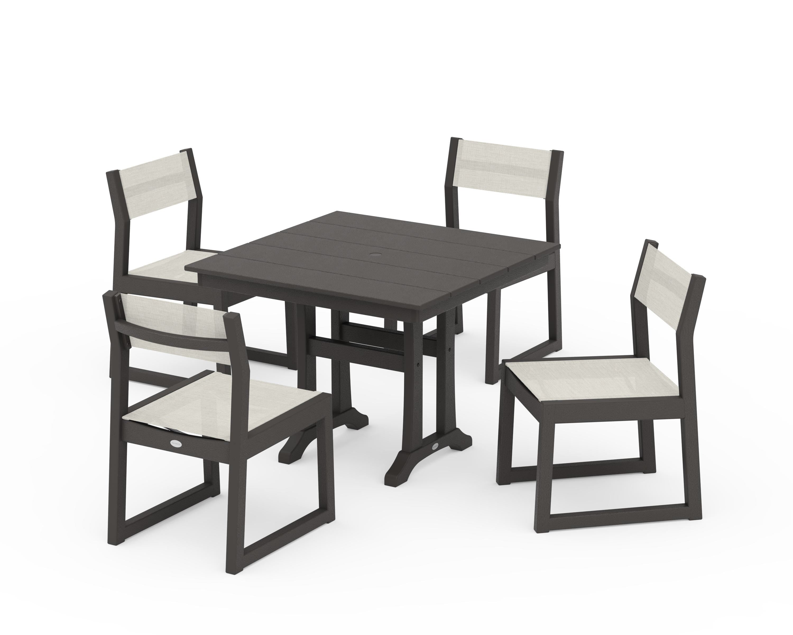 POLYWOOD EDGE Sling 5-Piece Farmhouse Trestle Side Chair Dining Set in Vintage Coffee / Parchment Sling