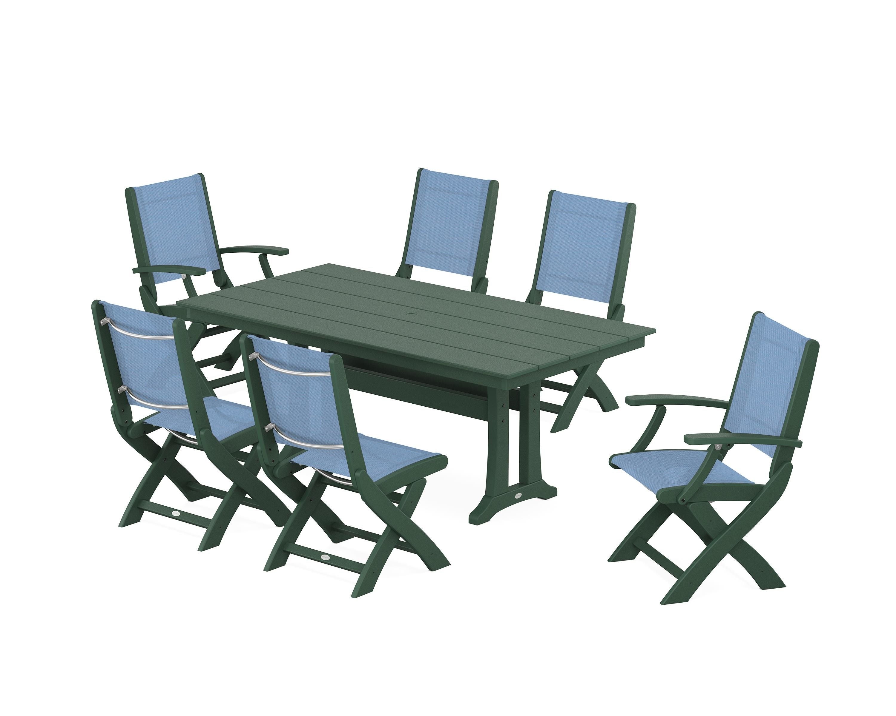 POLYWOOD Coastal Folding Chair 7-Piece Farmhouse Dining Set with Trestle Legs in Green / Poolside Sling