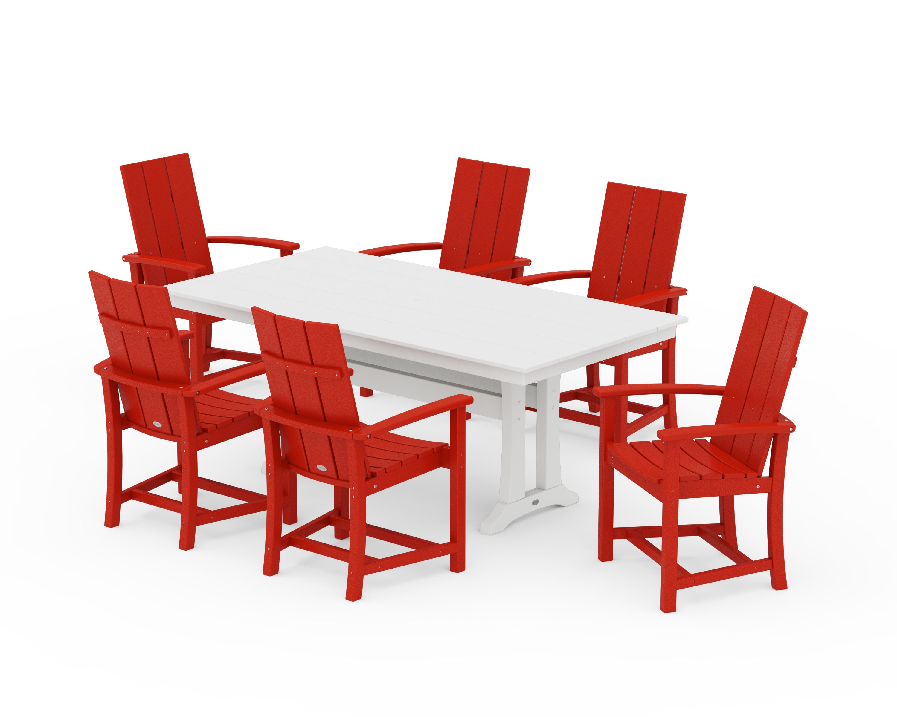 POLYWOOD Modern Adirondack 7-Piece Farmhouse Dining Set with Trestle Legs in Sunset Red / White