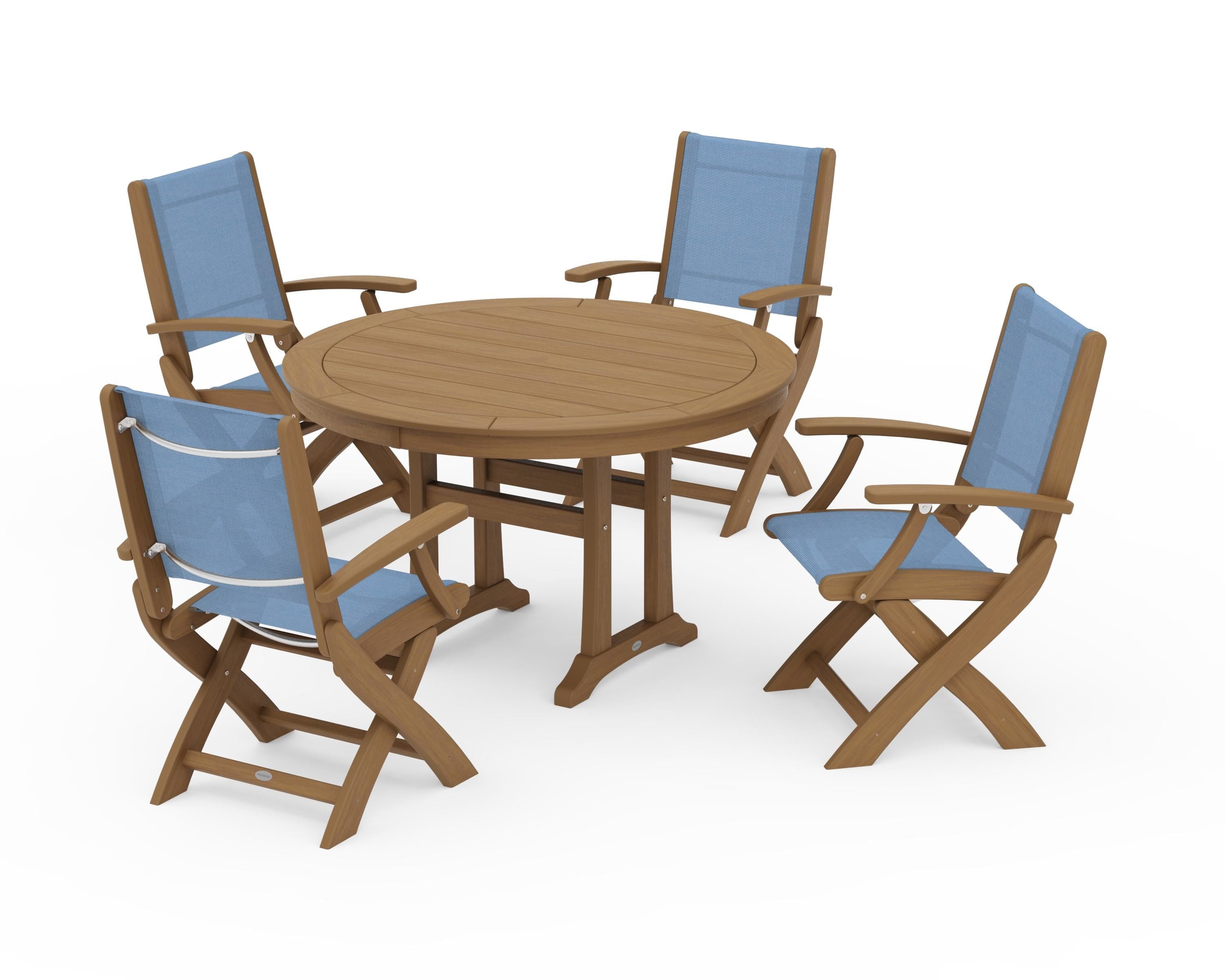 POLYWOOD Coastal Folding Chair 5-Piece Round Dining Set with Trestle Legs in Natural / Poolside Sling