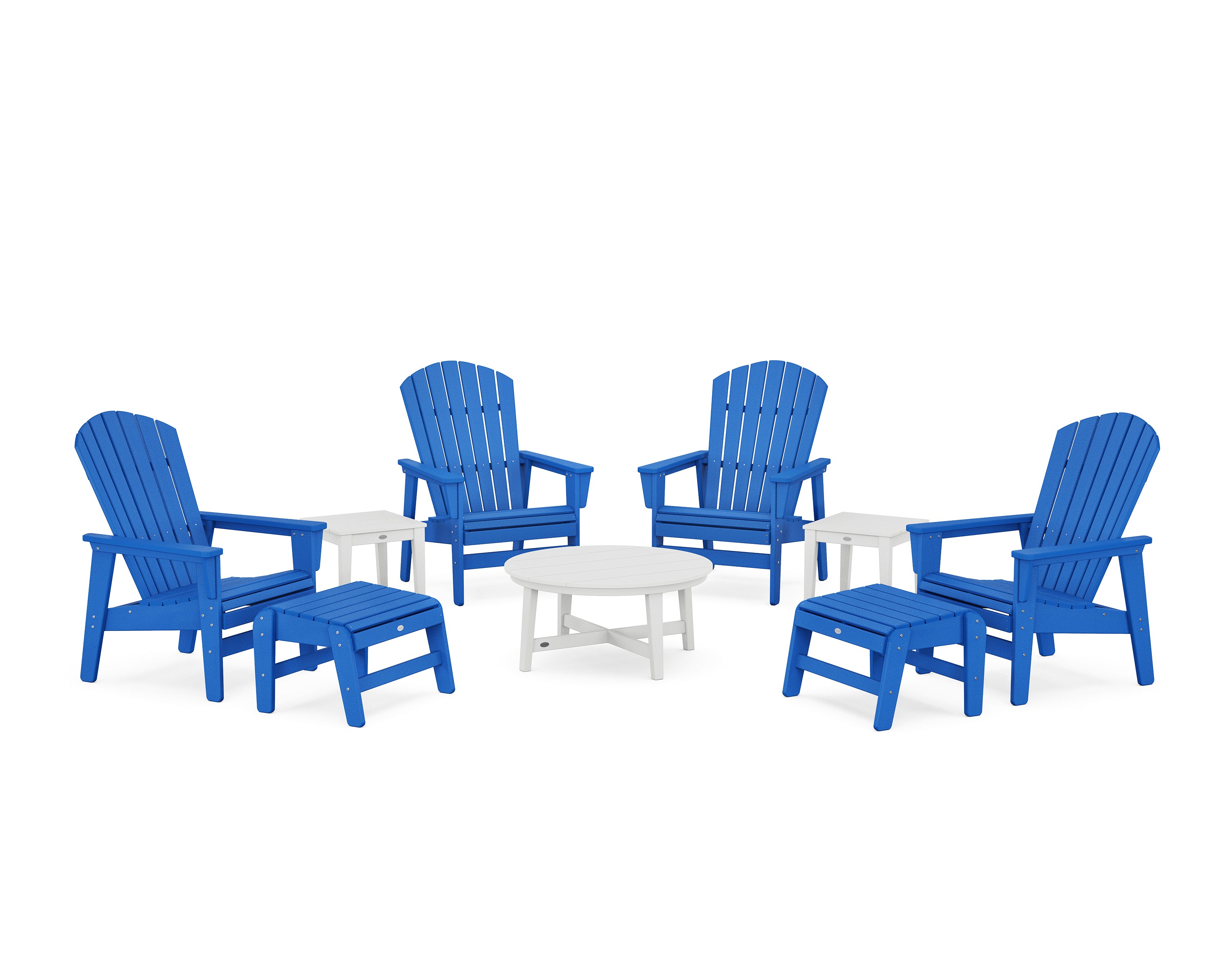 POLYWOOD® Nautical Grand Upright Adirondack 9-Piece Conversation Set in Pacific Blue / White