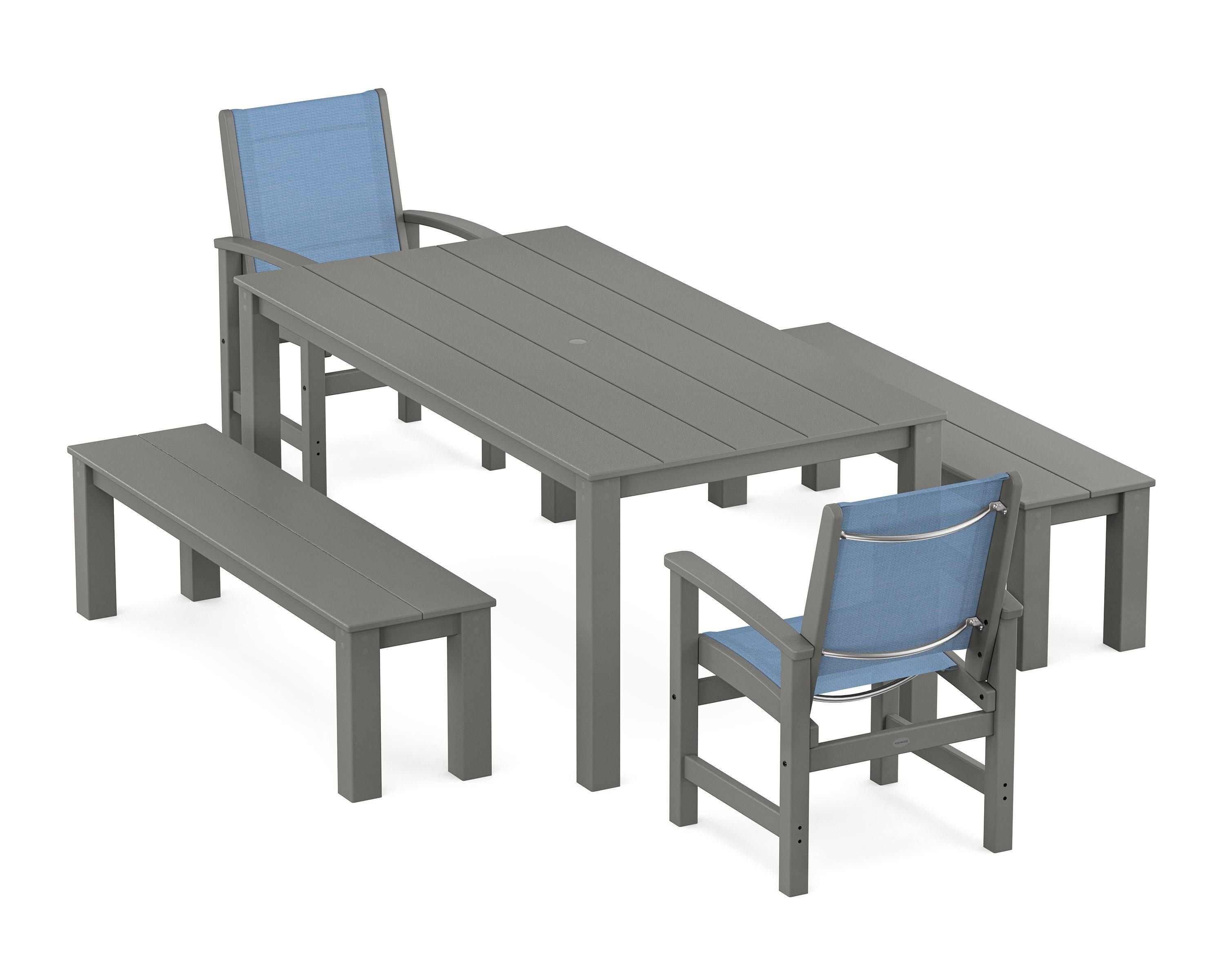 POLYWOOD Coastal 5-Piece Parsons Dining Set with Benches in Slate Grey / Poolside Sling