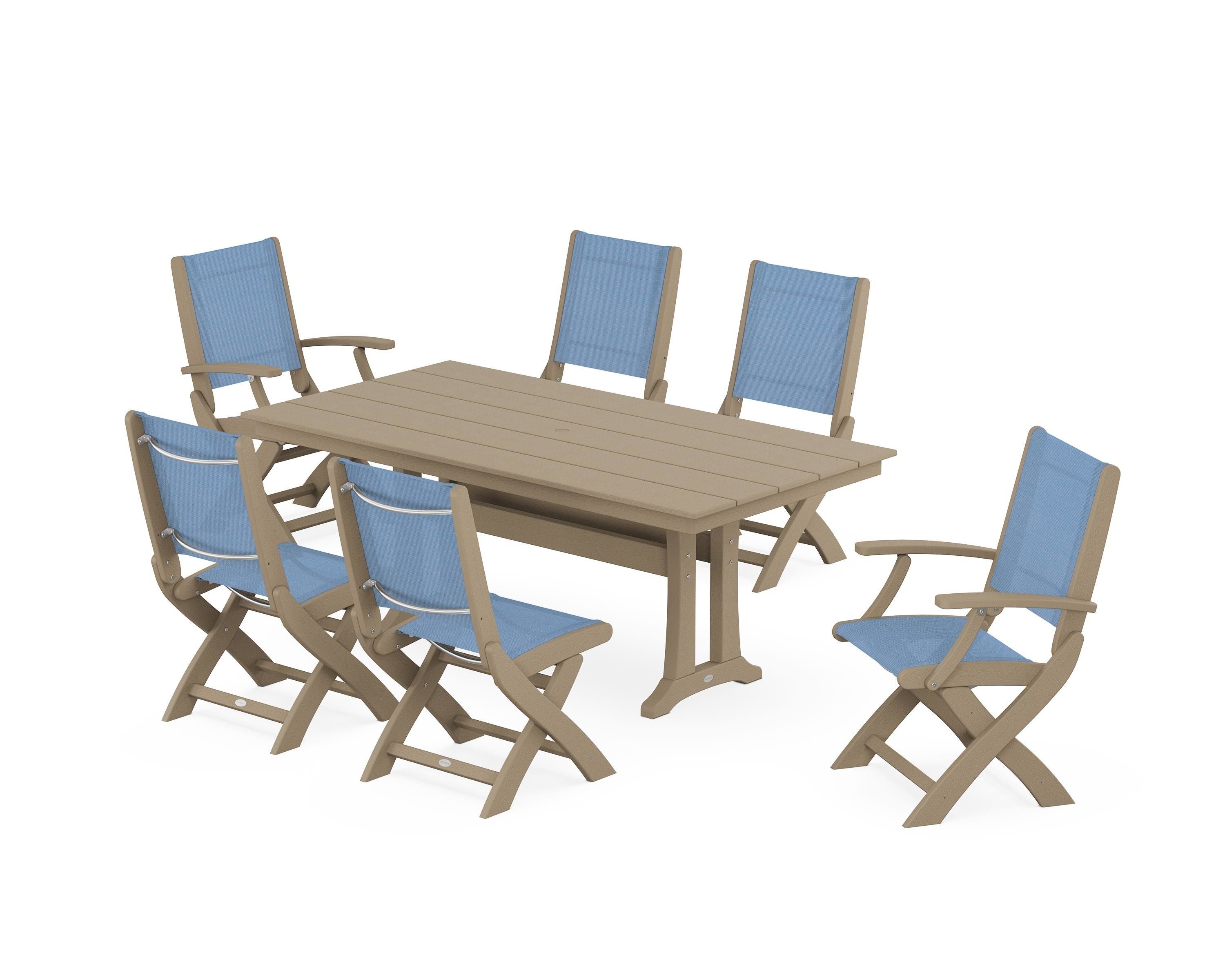 POLYWOOD Coastal Folding Chair 7-Piece Farmhouse Dining Set with Trestle Legs in Vintage Sahara / Poolside Sling