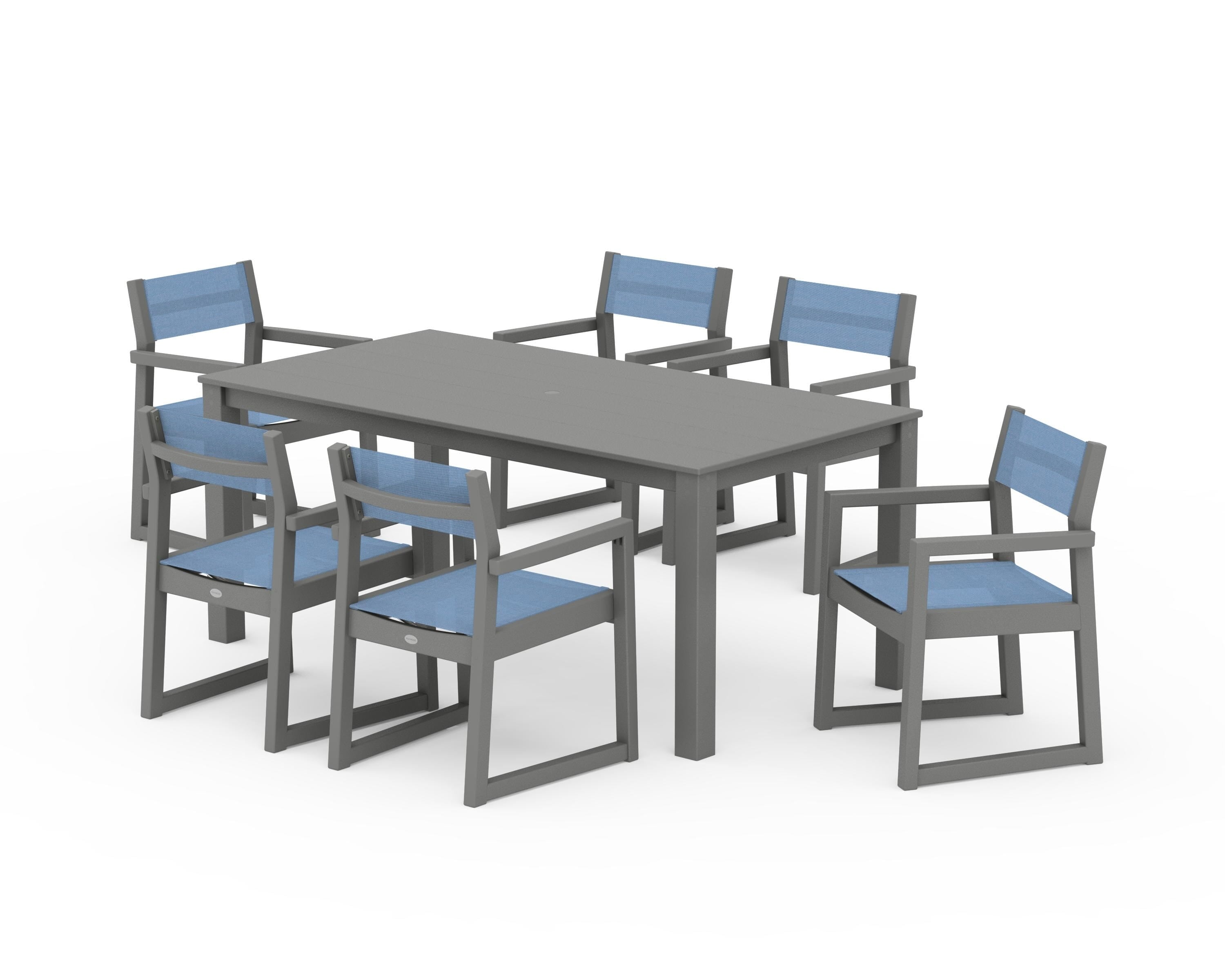 POLYWOOD EDGE Sling Arm Chair 7-Piece Parsons Dining Set in Slate Grey / Poolside Sling