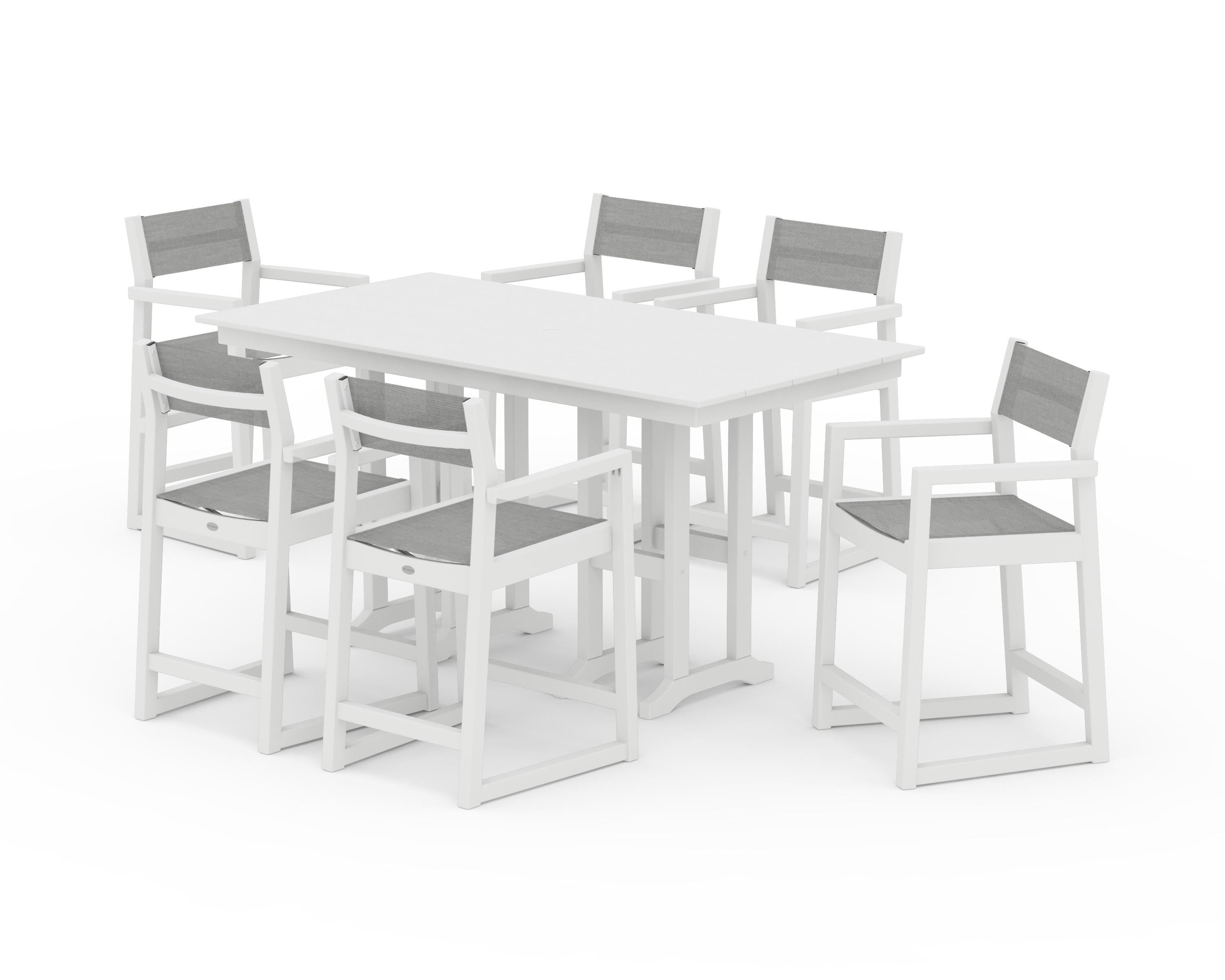 POLYWOOD EDGE Sling Arm Chair 7-Piece Farmhouse Counter Set in White / Metallic Sling