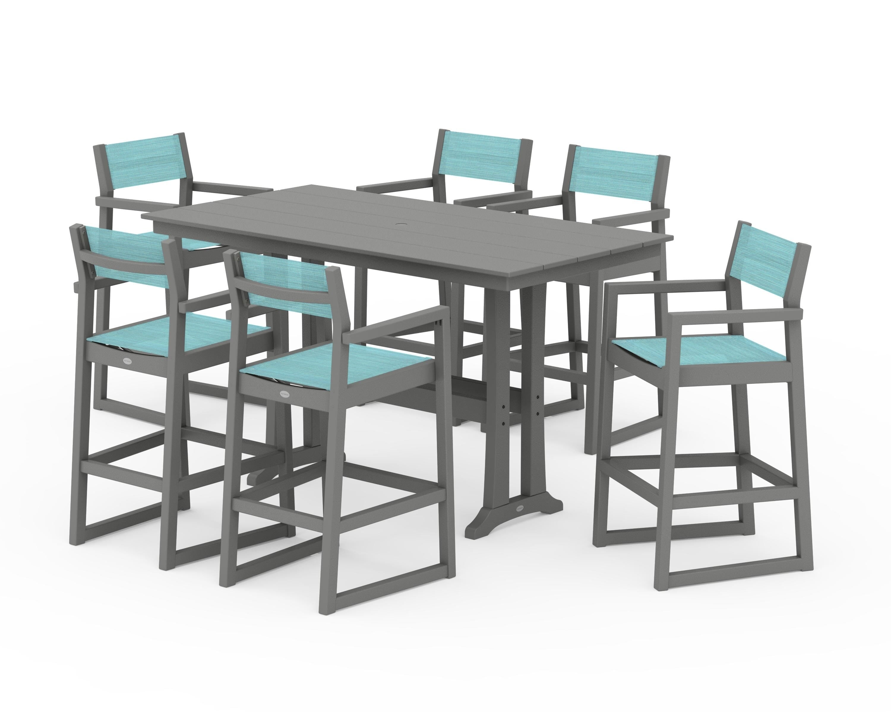 POLYWOOD EDGE Sling Arm Chair 7-Piece Farmhouse Bar Set with Trestle Legs in Slate Grey / Dupioni Aquamarine Sling