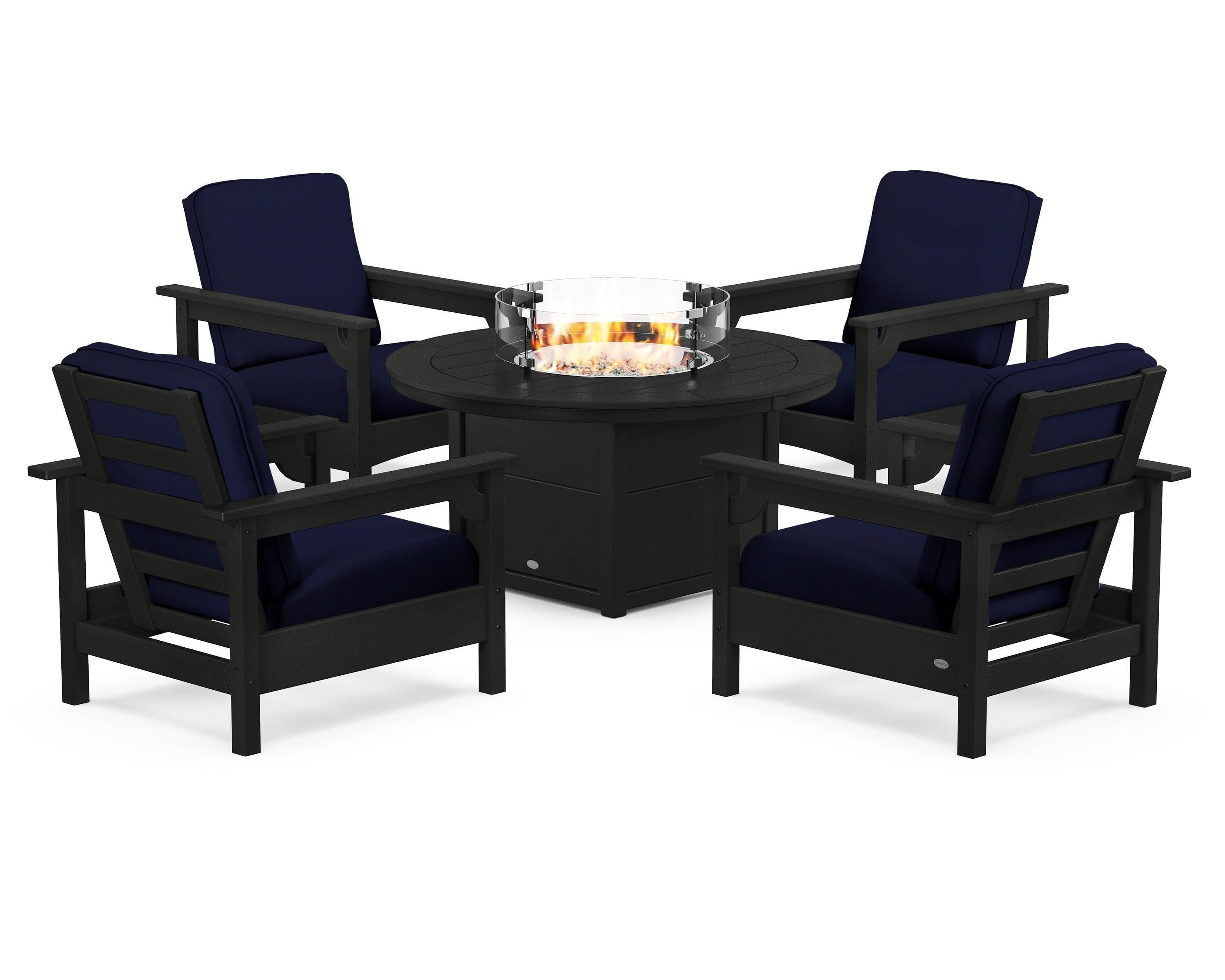 POLYWOOD Club 5-Piece Conversation Set with Fire Pit Table in Black / Navy