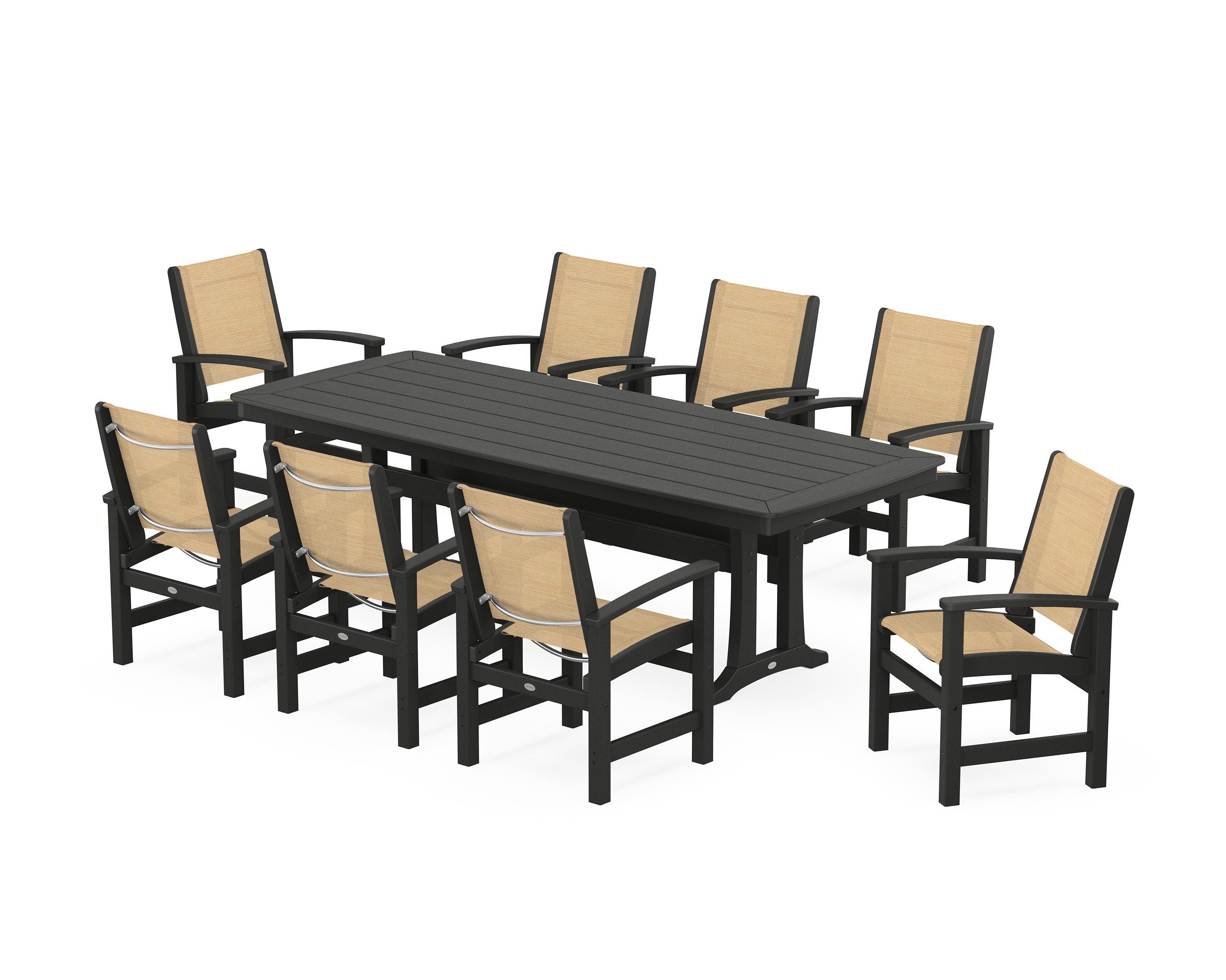 POLYWOOD Coastal 9-Piece Dining Set with Trestle Legs in Black / Dupioni Apricot Sling