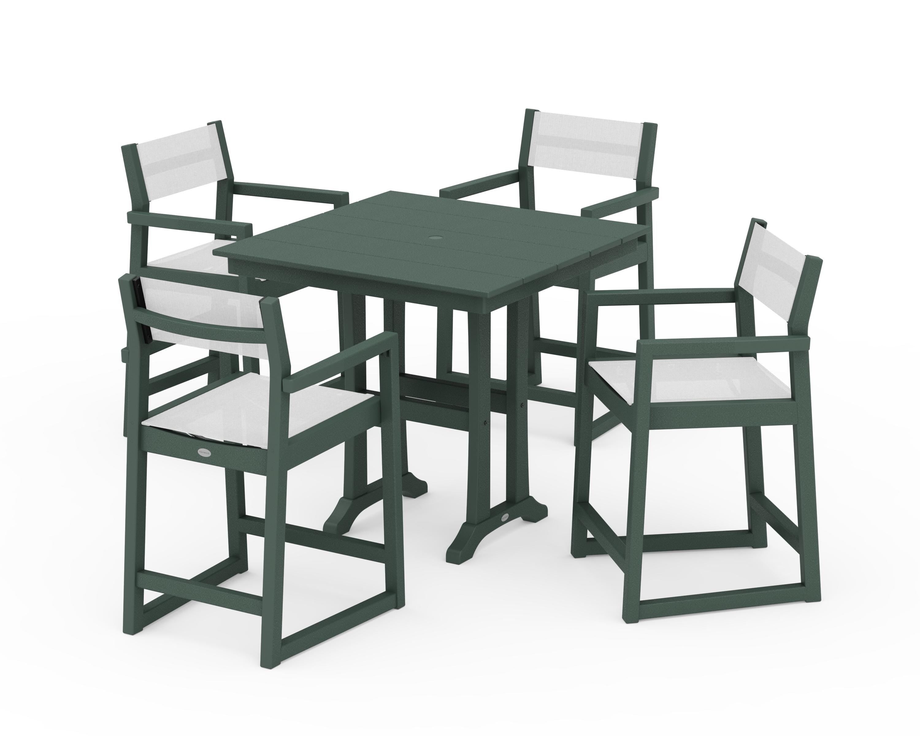 POLYWOOD EDGE Sling Arm Chair 5-Piece Farmhouse Counter Set with Trestle Legs in Green / White Sling
