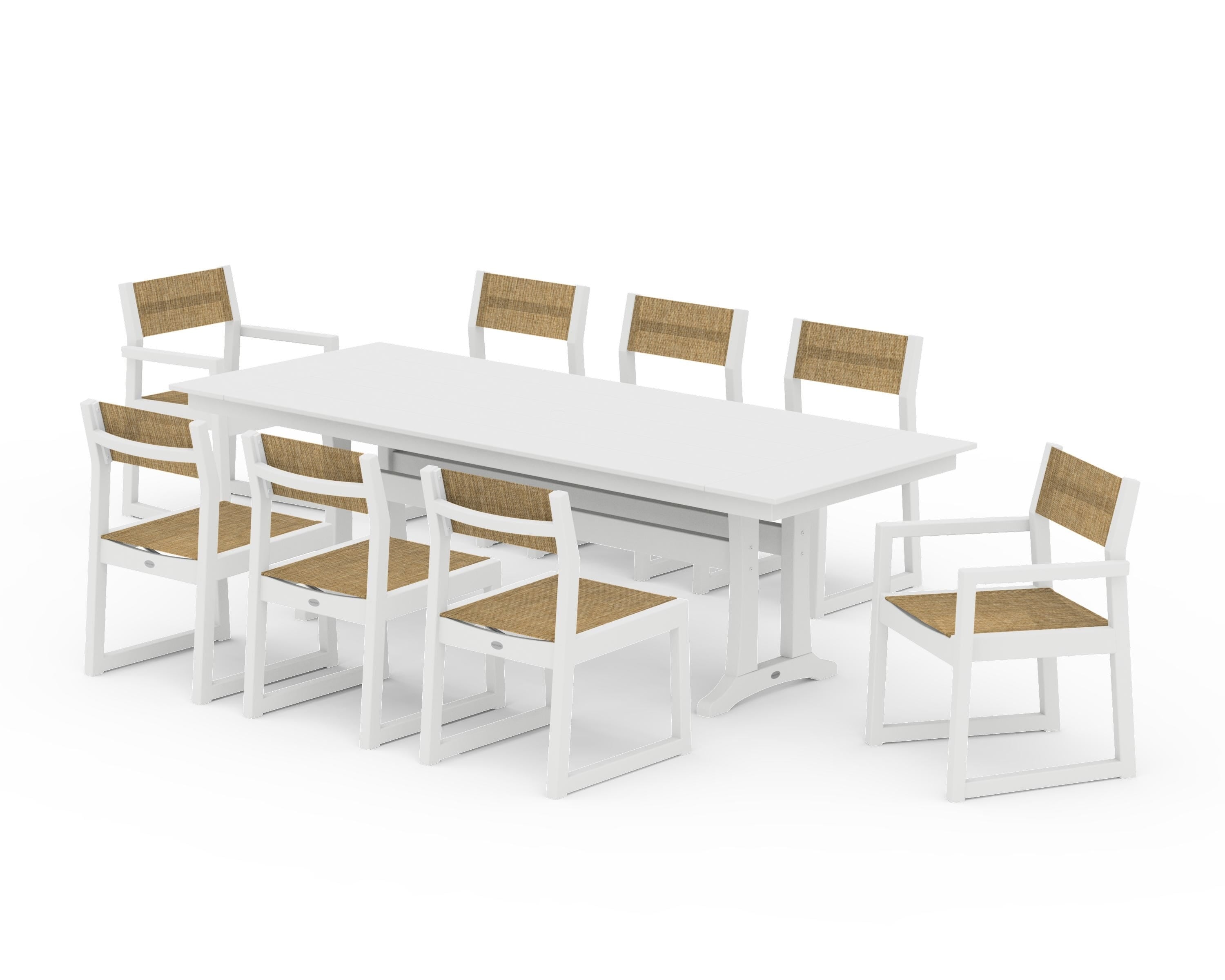 POLYWOOD EDGE Sling 9-Piece Farmhouse Trestle Dining Set in White / Burlap Sling