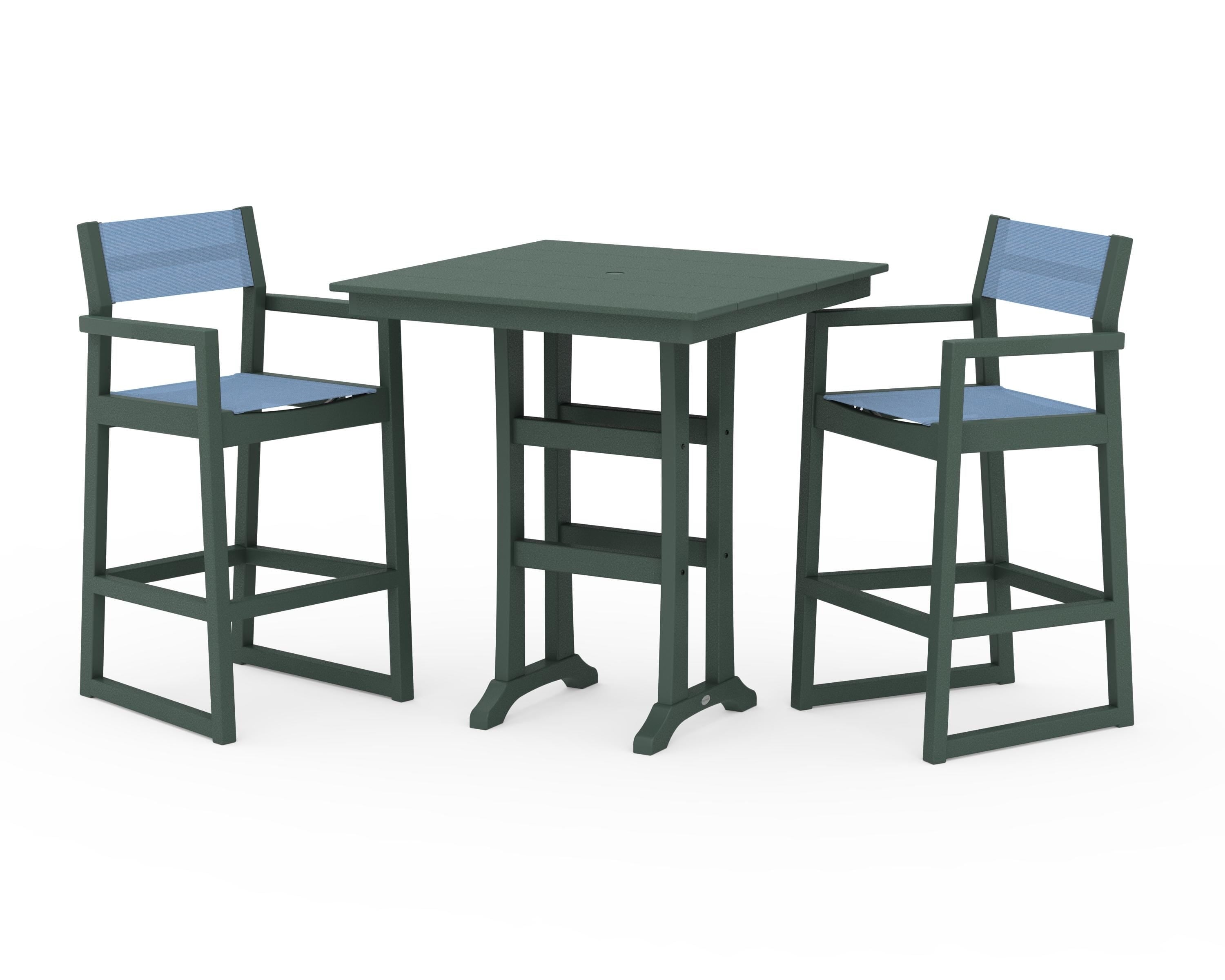 POLYWOOD EDGE Sling Arm Chair 3-Piece Farmhouse Bar Set with Trestle Legs in Green / Poolside Sling