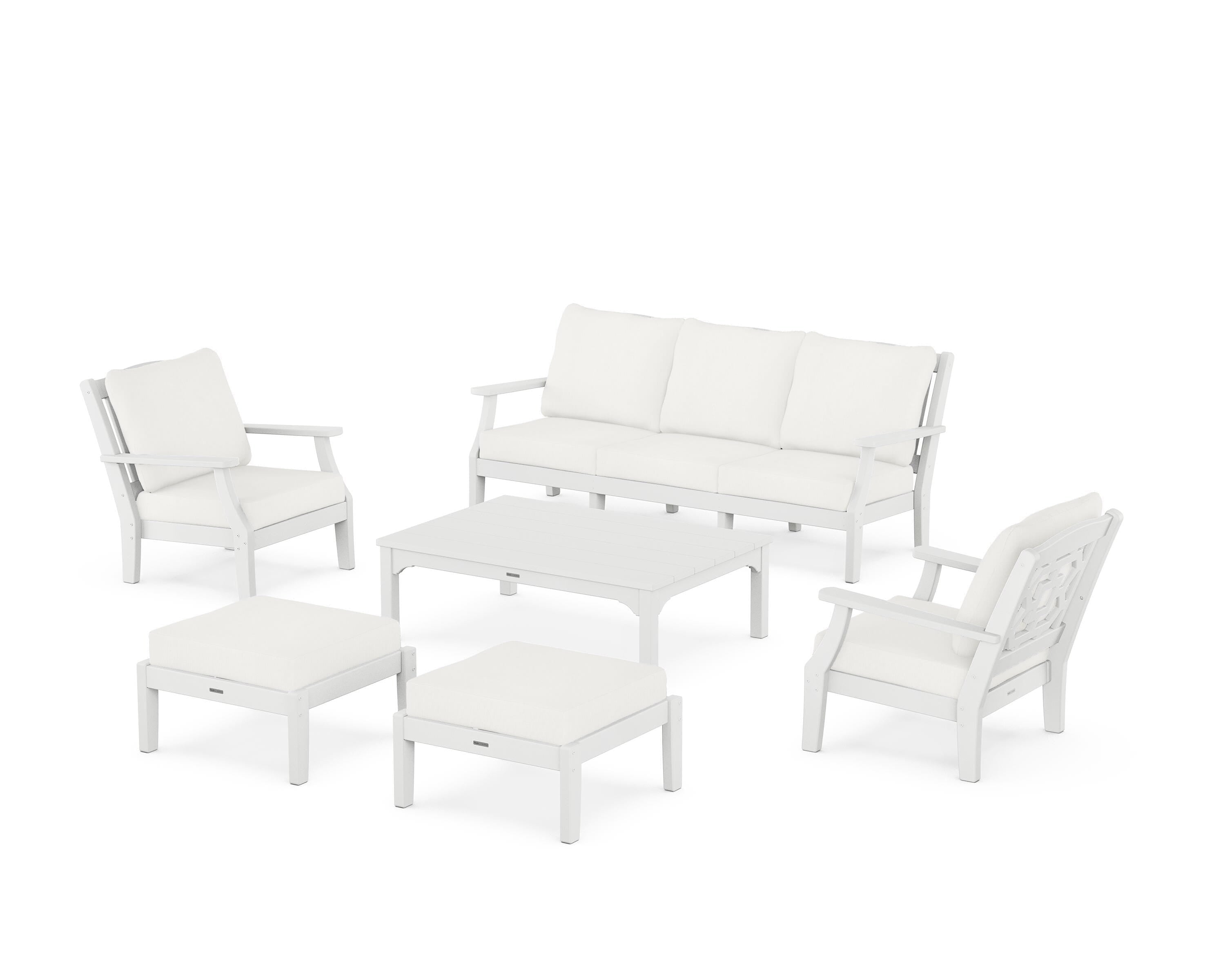 Martha Stewart by POLYWOOD Chinoiserie 6-Piece Lounge Sofa Set in White / Natural Linen