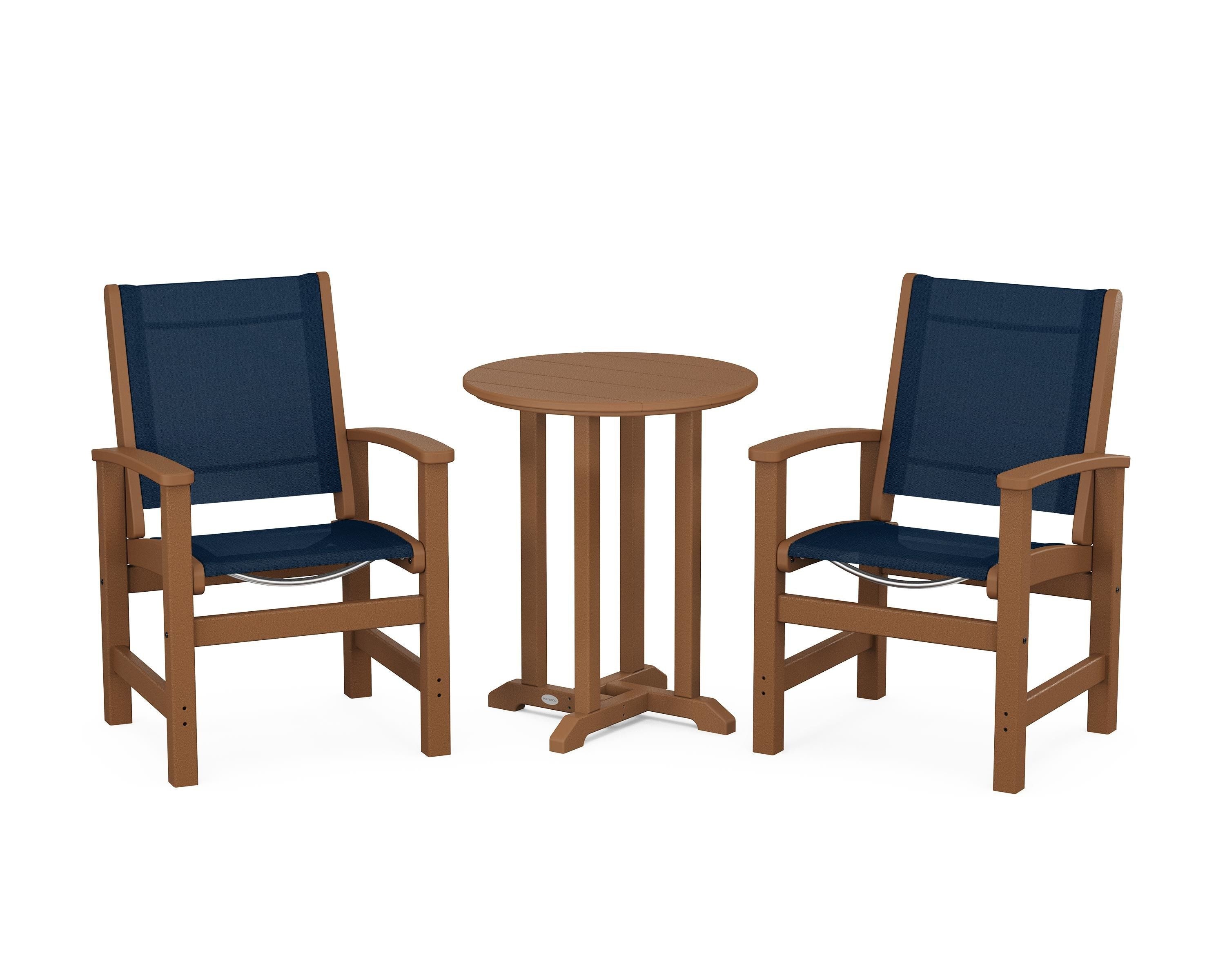 POLYWOOD Coastal 3-Piece Round Bistro Dining Set in Teak / Navy Blue Sling