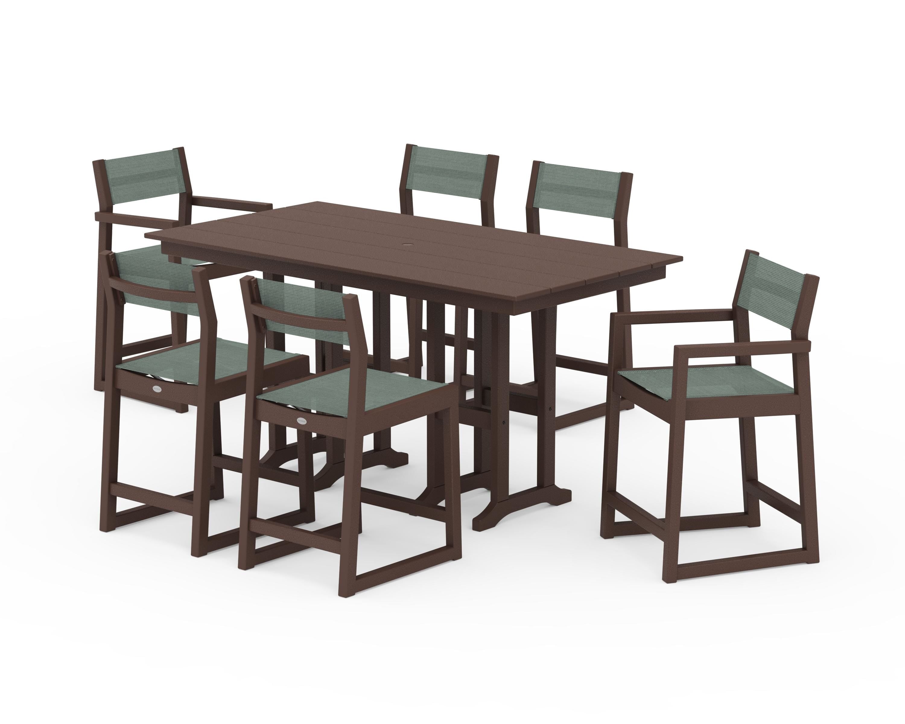 POLYWOOD EDGE Sling 7-Piece Farmhouse Counter Set in Mahogany / Dupioni Sea Mist Sling