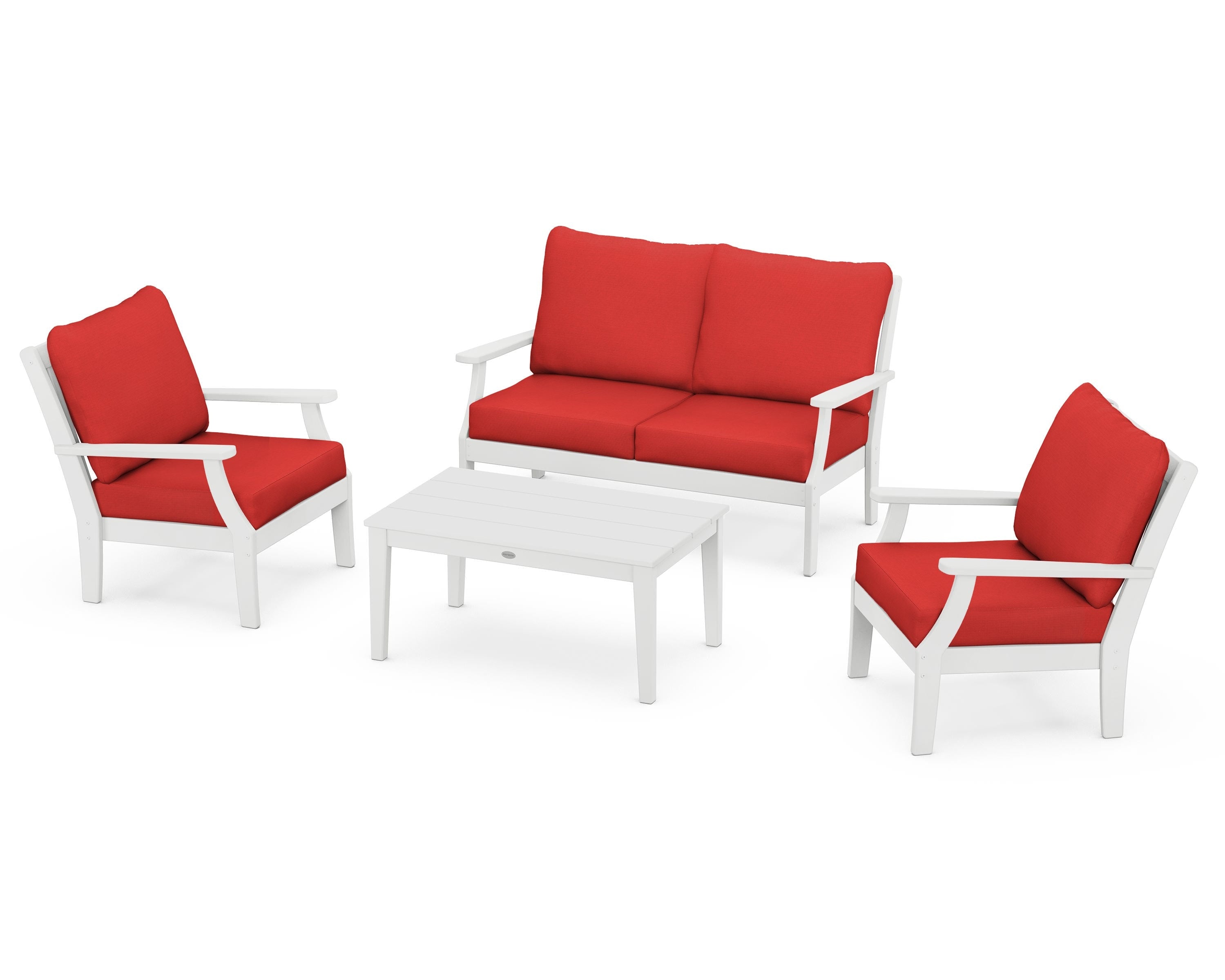 POLYWOOD Braxton 4-Piece Deep Seating Chair Set in White / Crimson Linen