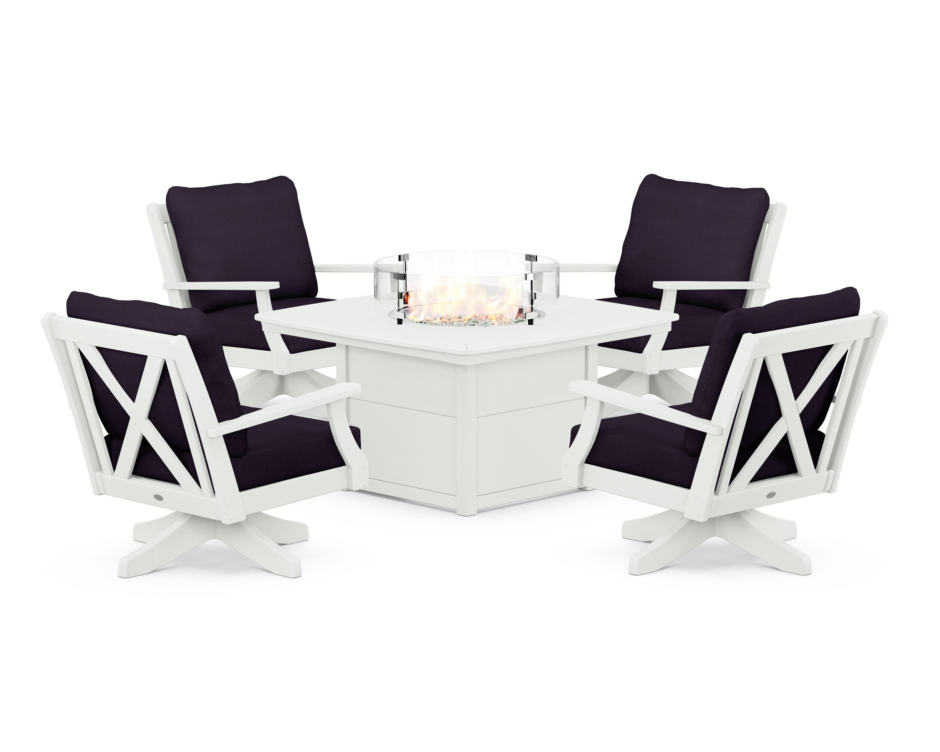 POLYWOOD Braxton 5-Piece Deep Seating Swivel Conversation Set with Fire Pit Table in Vintage White / Navy Linen