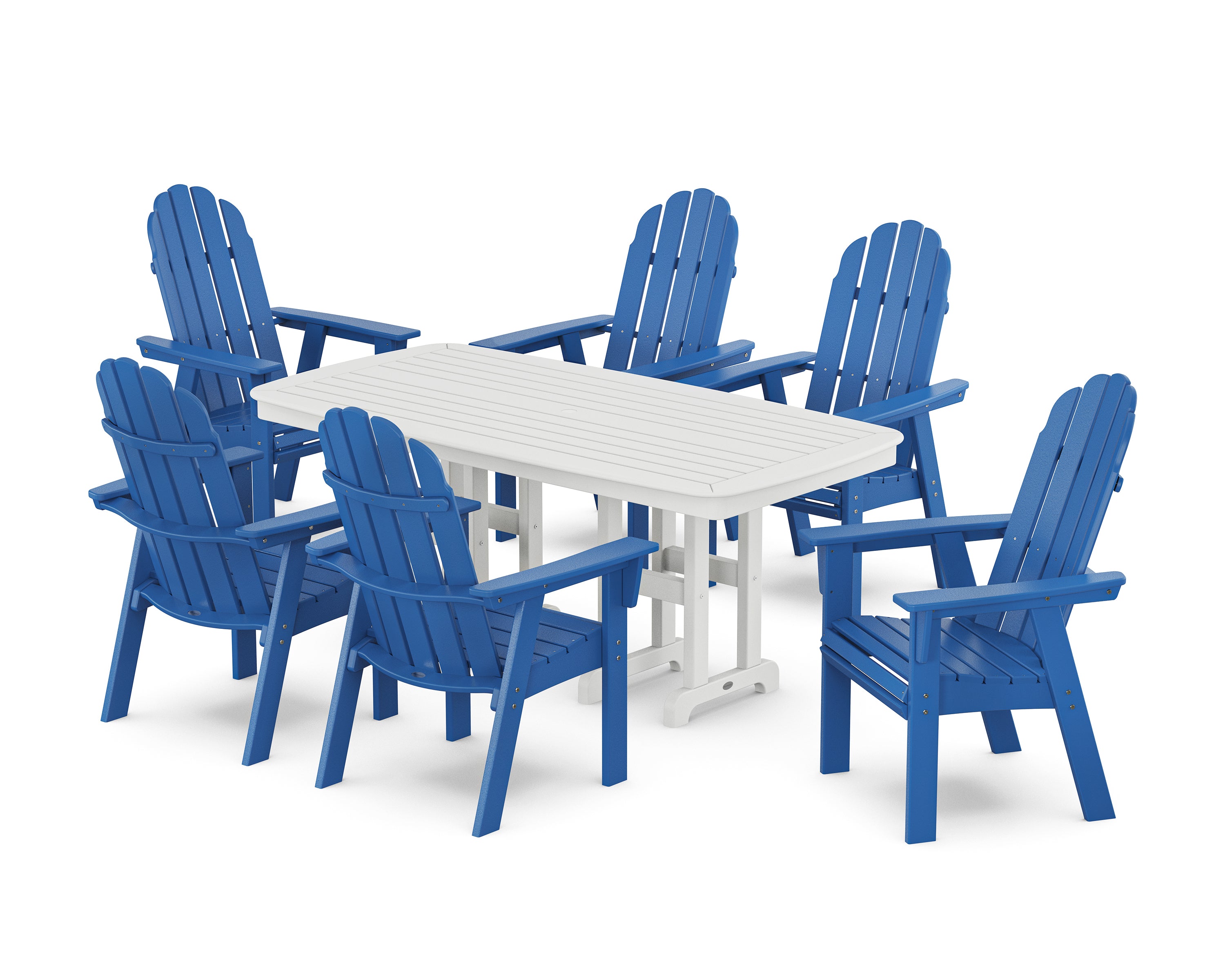 POLYWOOD Vineyard Curveback Adirondack Chair 7-Piece Dining Set in Pacific Blue / White