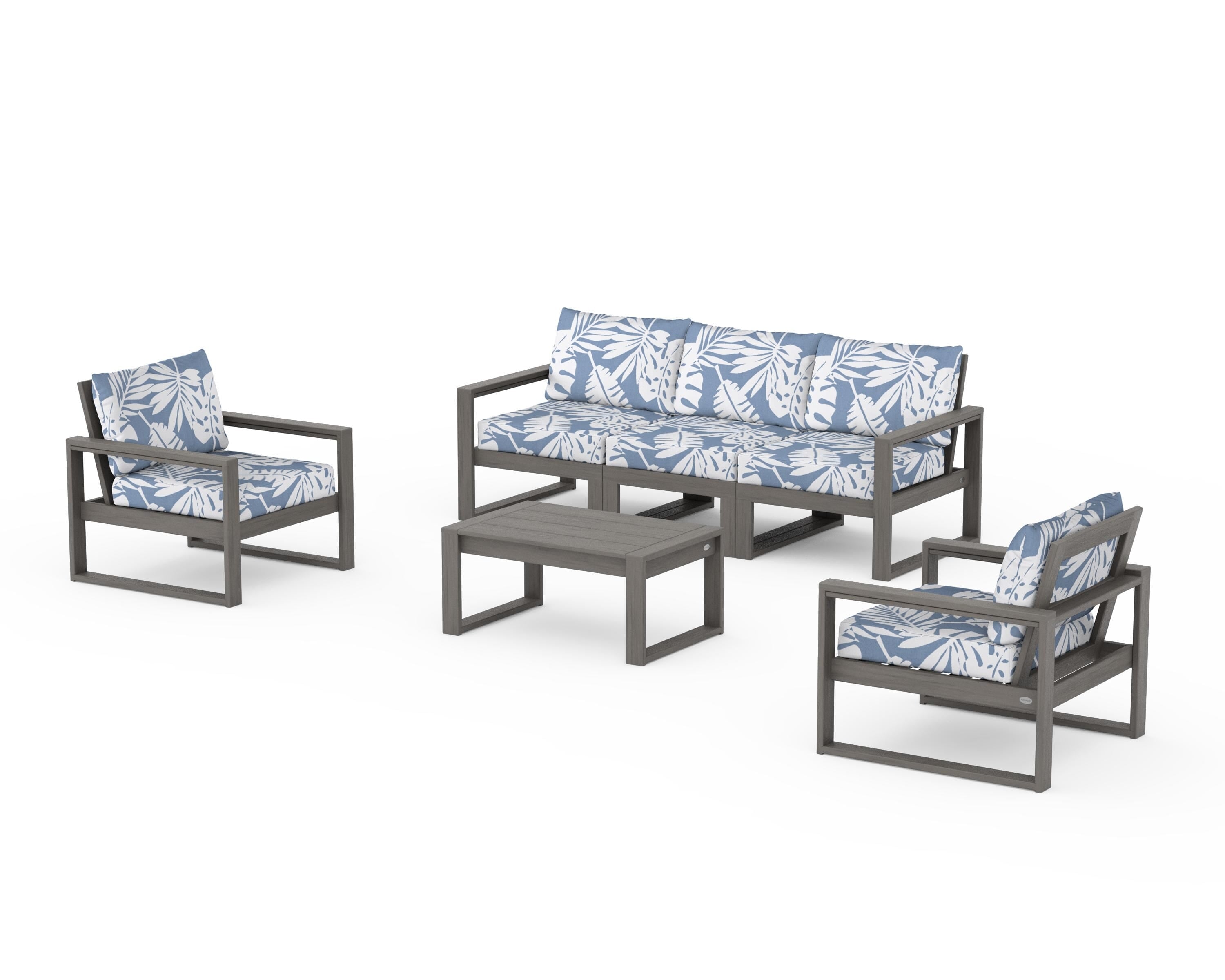 POLYWOOD EDGE Sectional 4-Piece Deep Seating Set with Sofa in Driftwood / Leaf Sky Blue