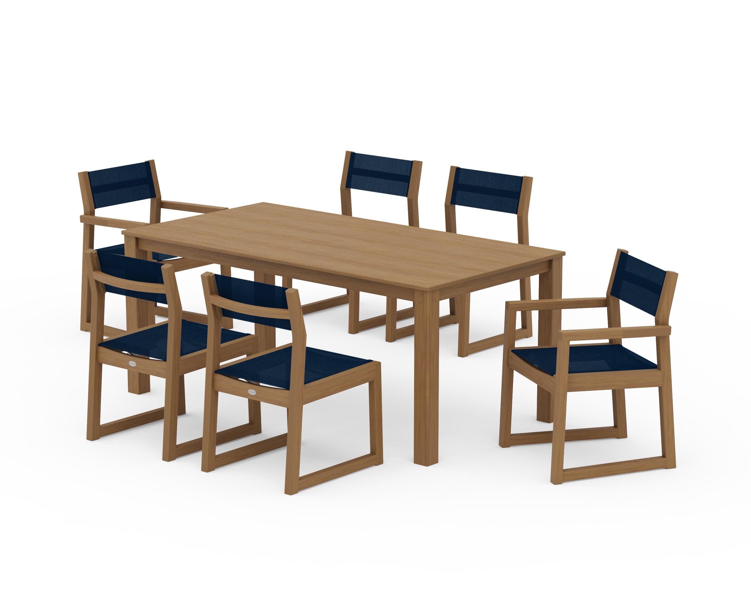 POLYWOOD EDGE Sling 7-Piece Parsons Dining Set in Natural / Navy Blue Sling