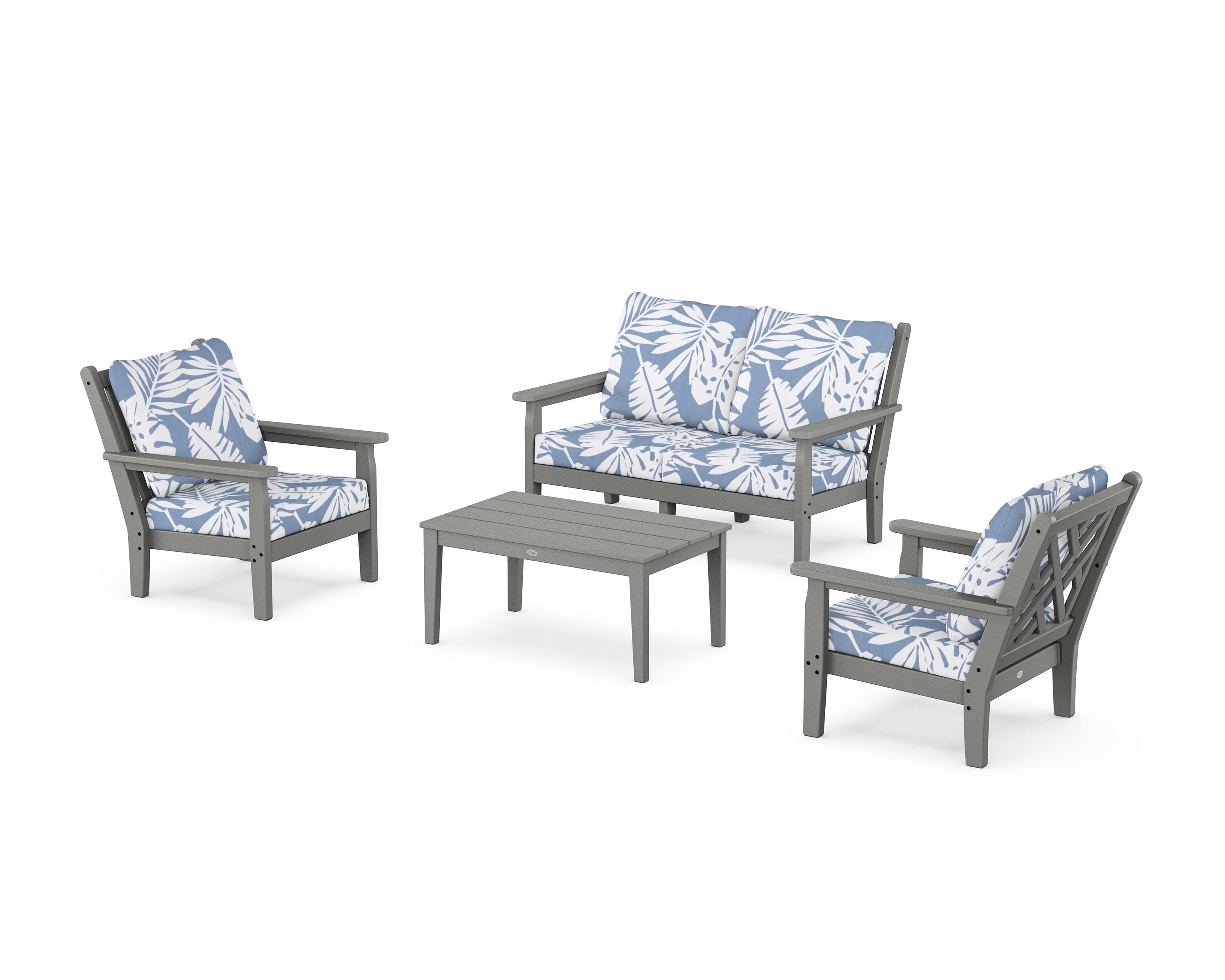 POLYWOOD Chippendale 4-Piece Deep Seating Set with Loveseat in Slate Grey / Leaf Sky Blue
