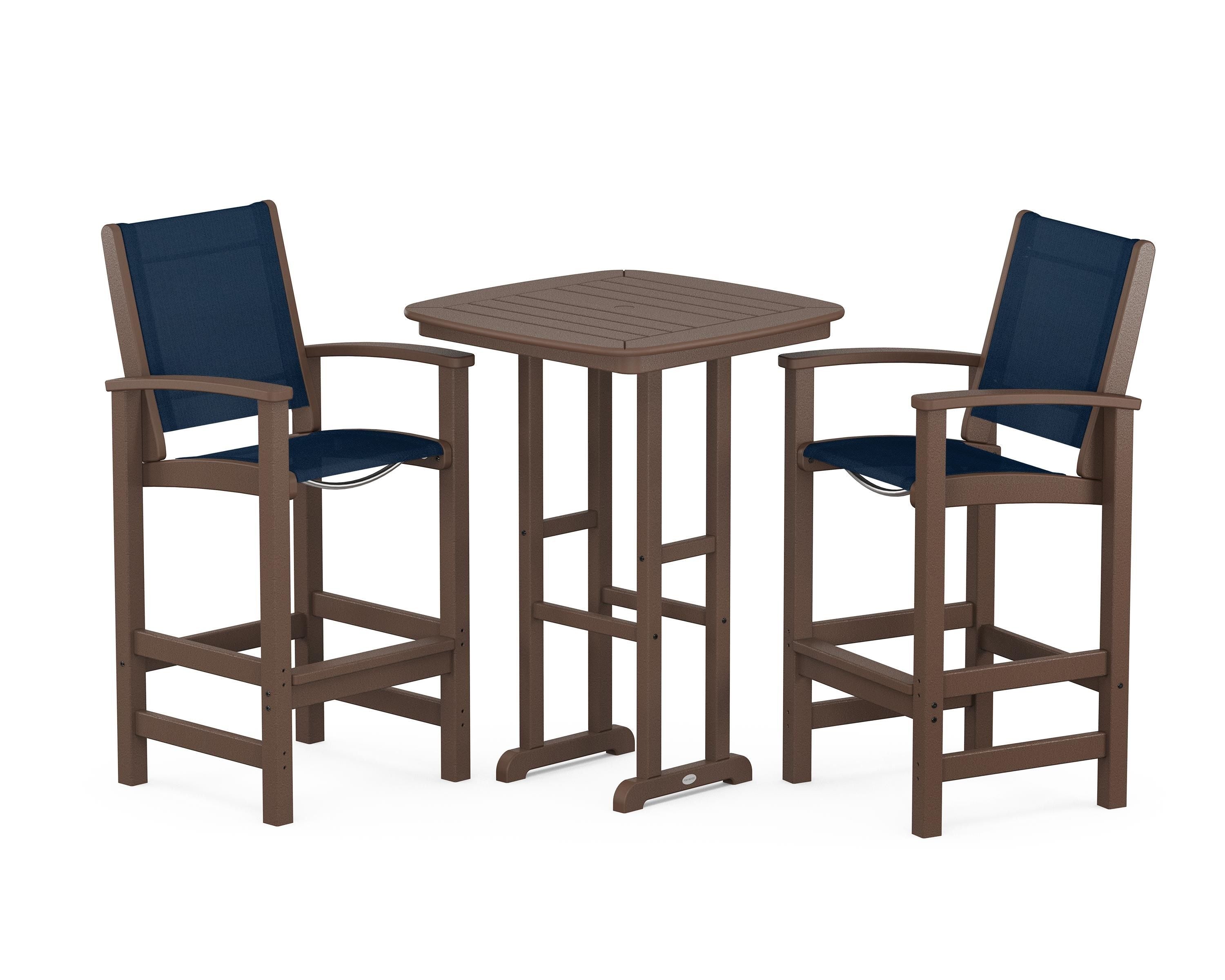 POLYWOOD Coastal 3-Piece Bar Set in Mahogany / Navy Blue Sling