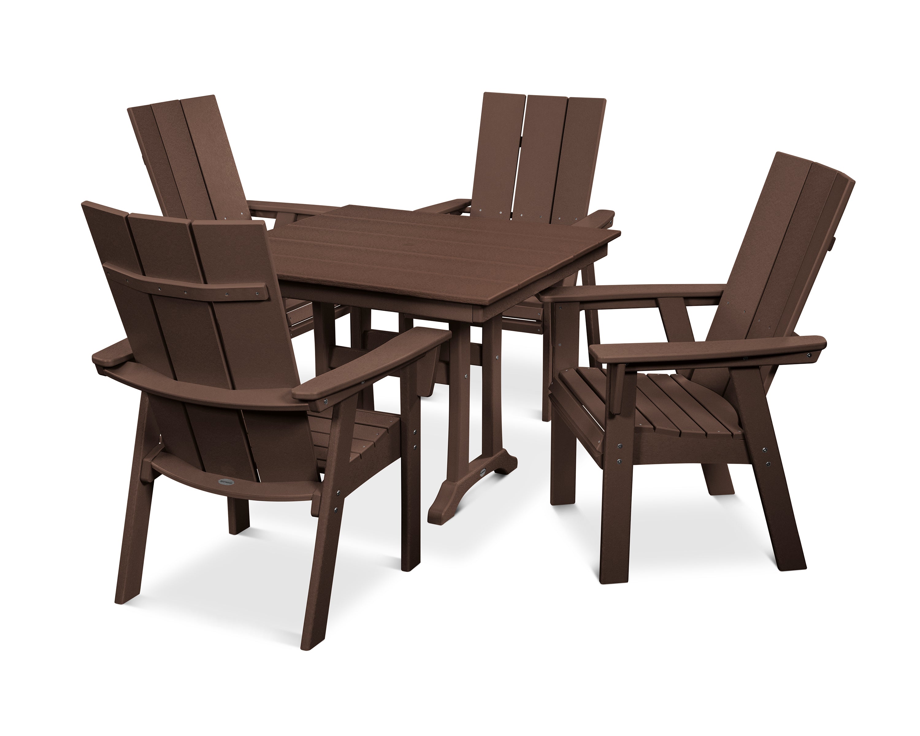 POLYWOOD® Modern Curveback Adirondack 5-Piece Farmhouse Trestle Dining Set in Mahogany