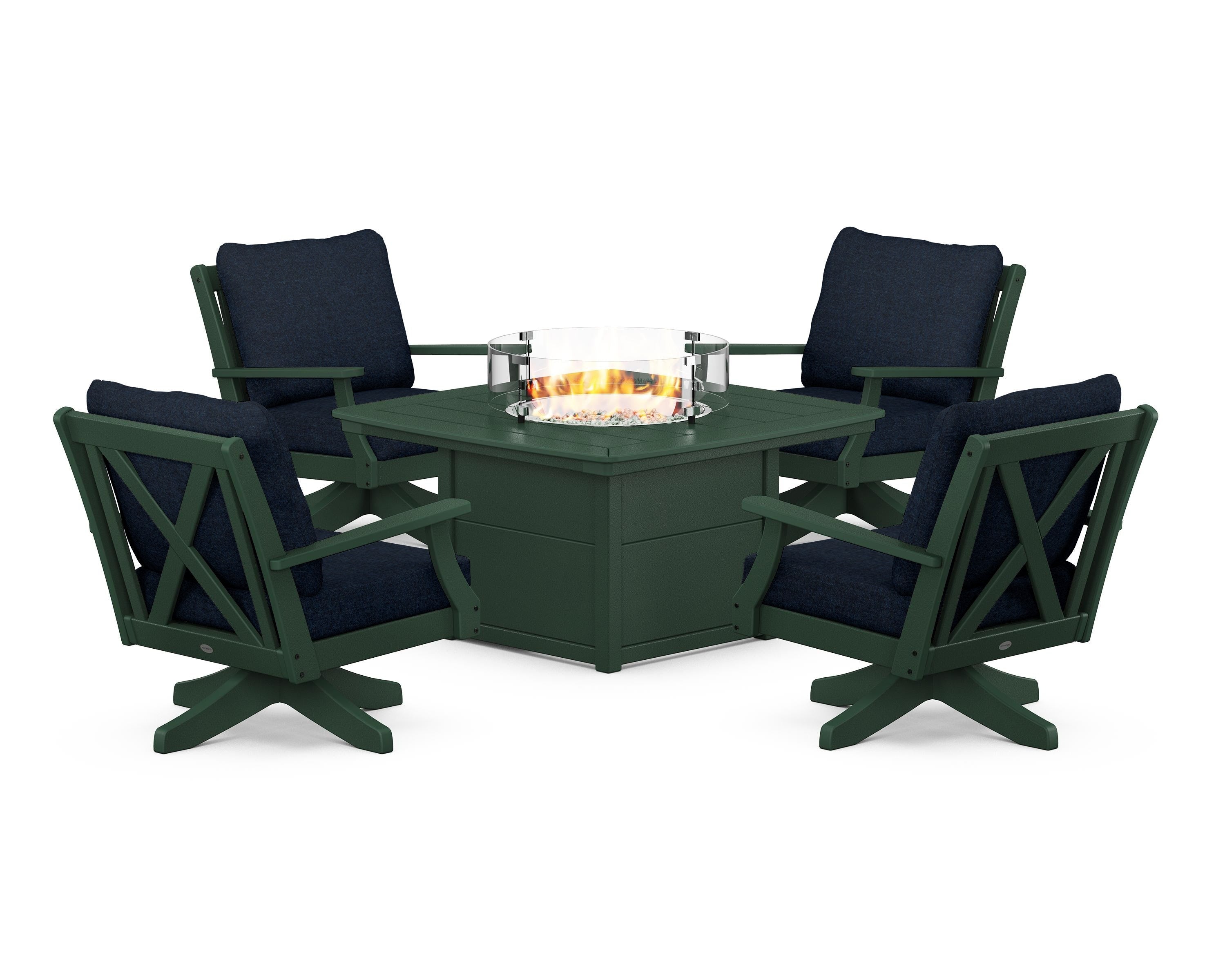 POLYWOOD Braxton 5-Piece Deep Seating Swivel Conversation Set with Fire Pit Table in Green / Marine Indigo