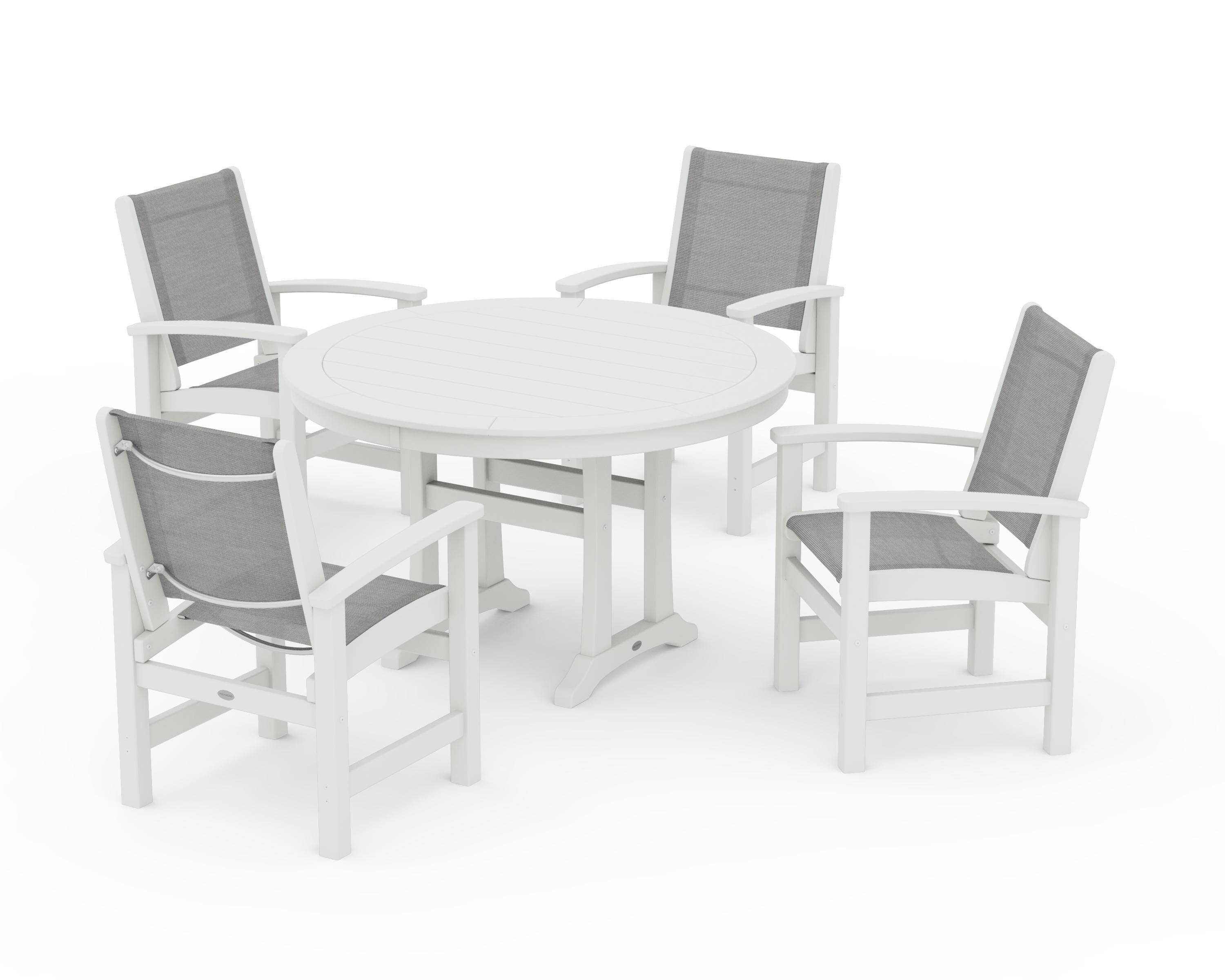 POLYWOOD Coastal 5-Piece Round Dining Set with Trestle Legs in Vintage White / Metallic Sling