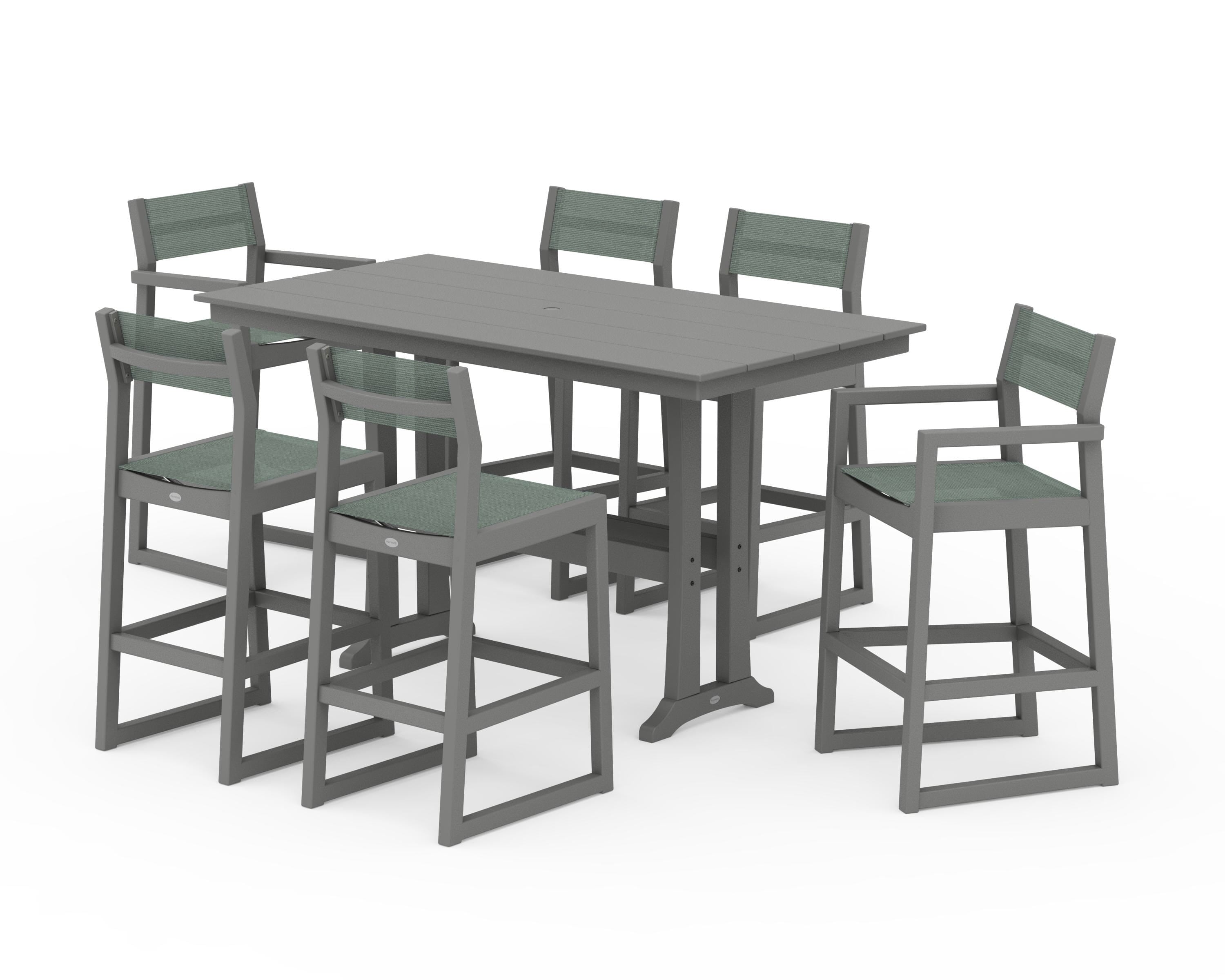 POLYWOOD EDGE Sling 7-Piece Farmhouse Bar Set with Trestle Legs in Slate Grey / Dupioni Sea Mist Sling