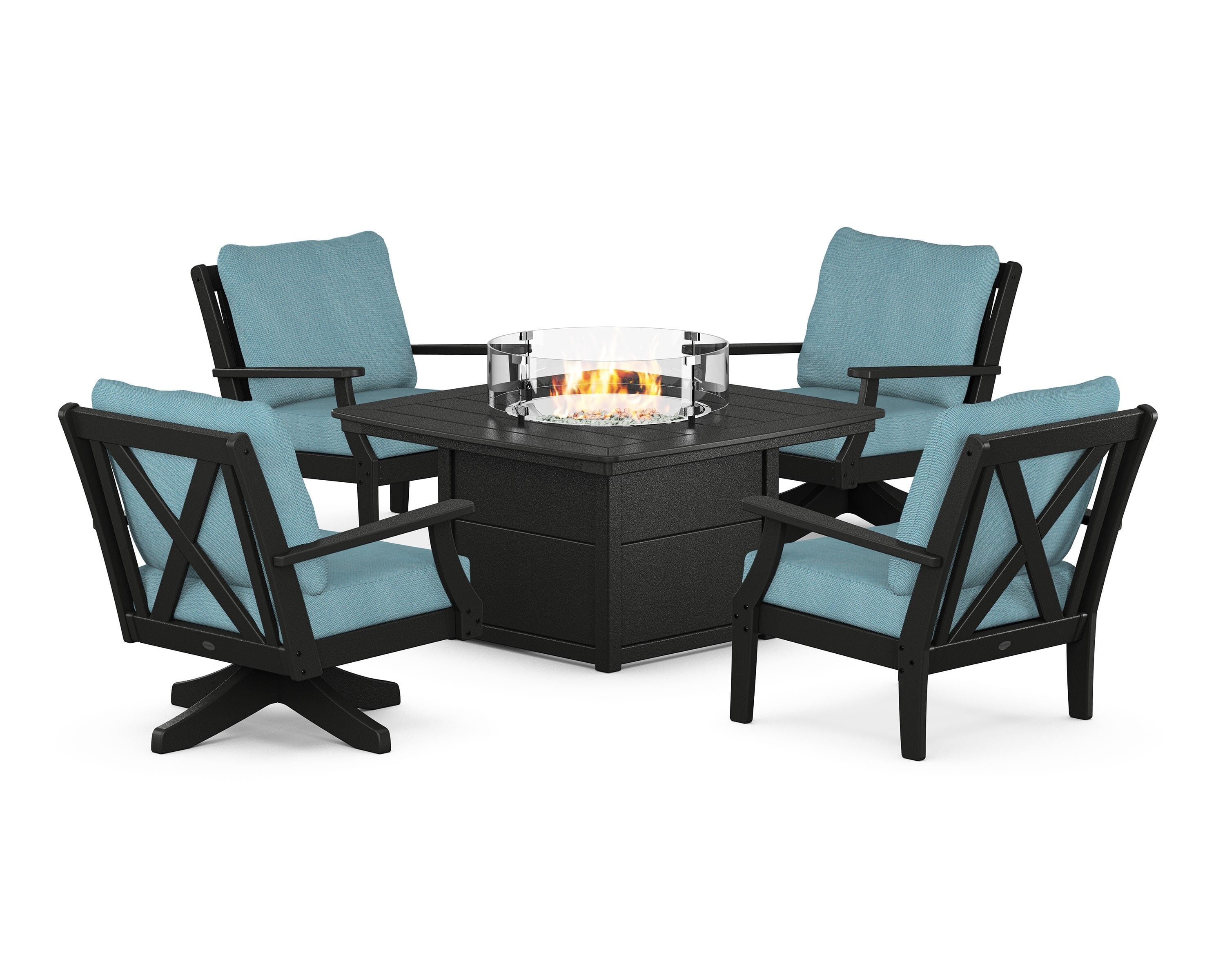 POLYWOOD Braxton 5-Piece Deep Seating Set with Fire Table in Black / Lattice Sky Blue