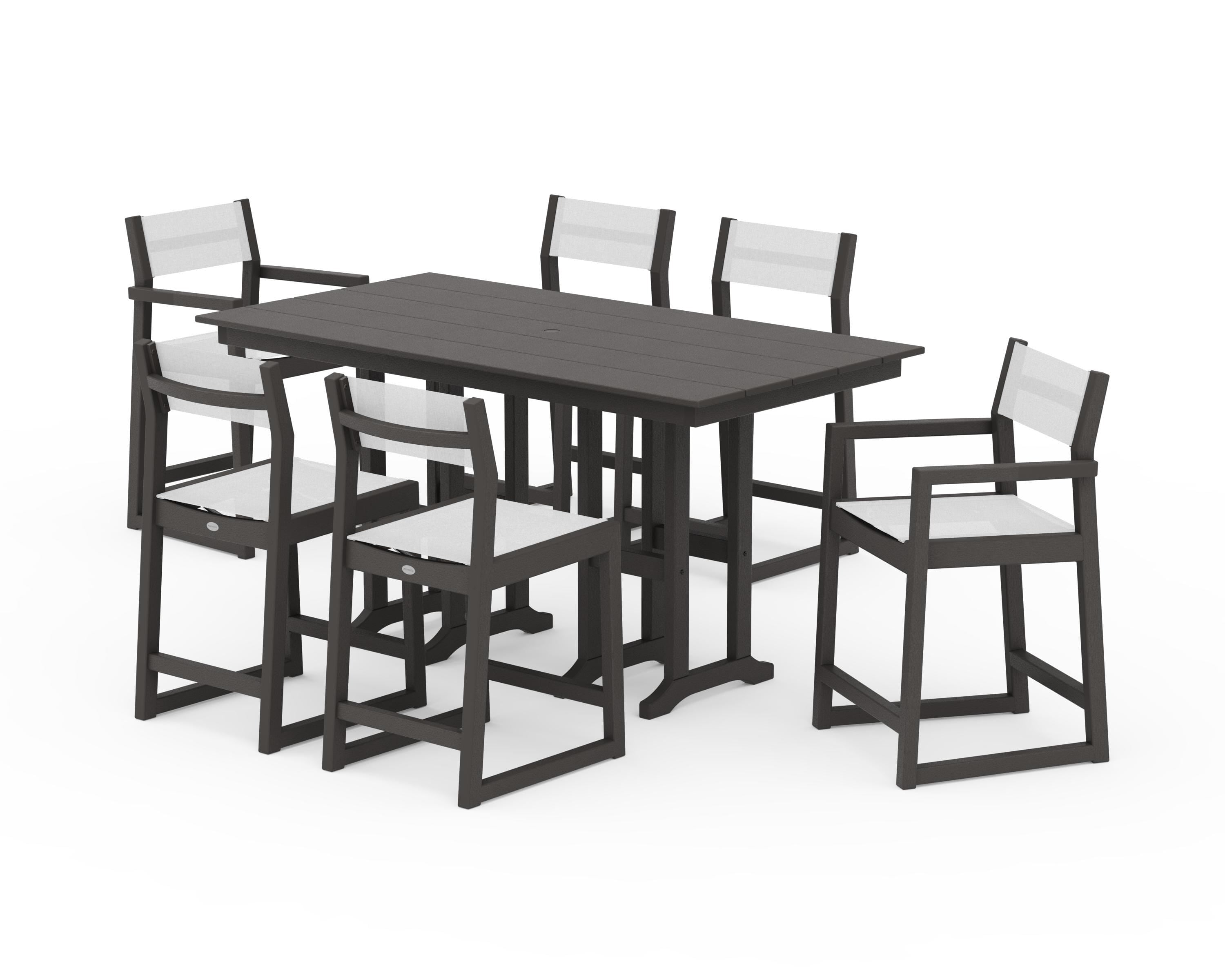 POLYWOOD EDGE Sling 7-Piece Farmhouse Counter Set with Trestle Legs in Vintage Coffee / White Sling
